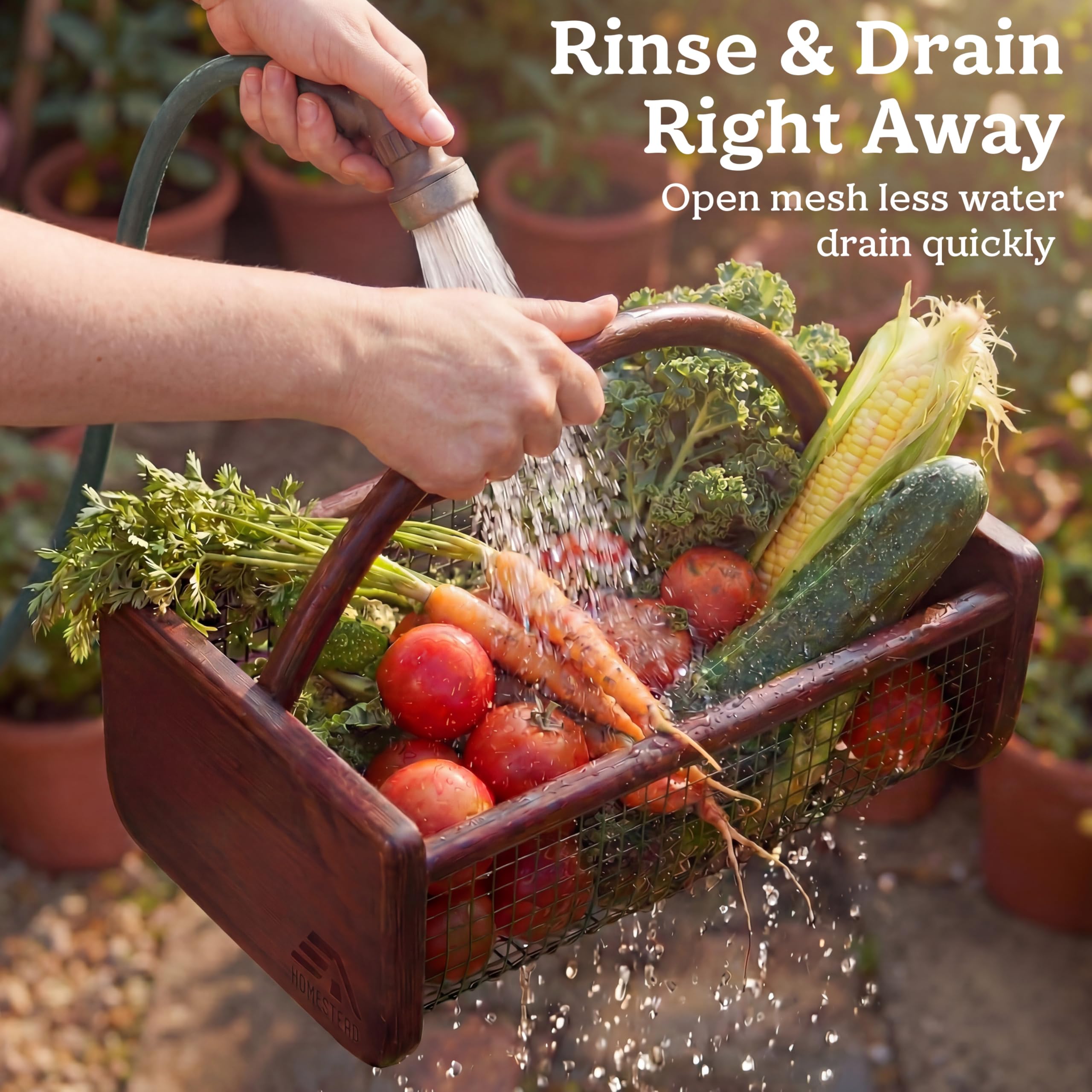 HOMESTEAD basket placed among plants illustrating outdoor harvesting convenience