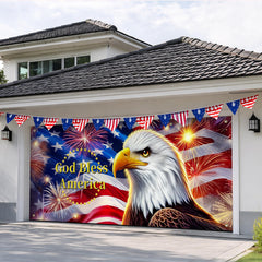 HOMETITUTE banner installed on garage door in driveway creating festive curb appeal benefit