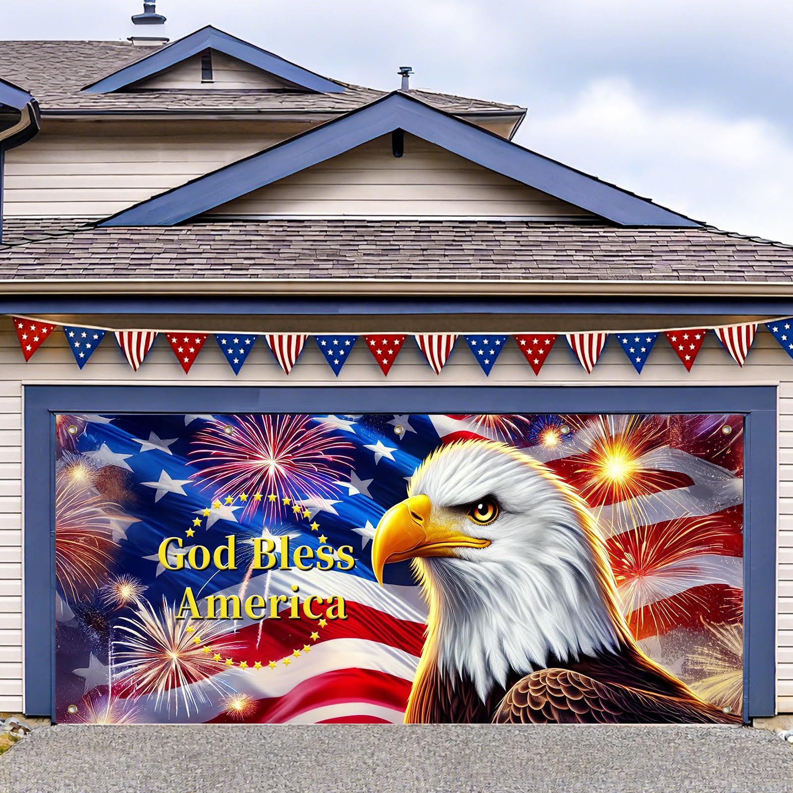 HOMETITUTE front view of full 13x6ft garage door banner showcasing patriotic display benefit