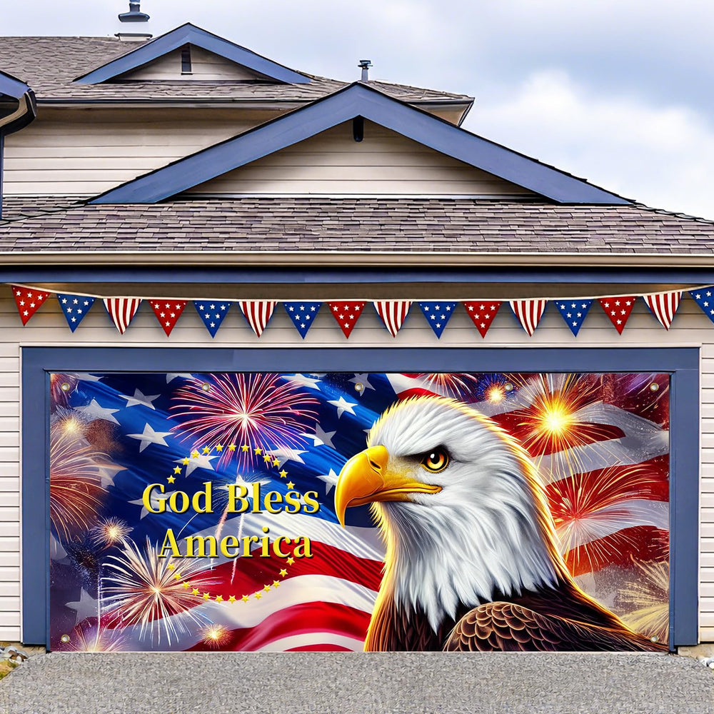HOMETITUTE front view of full 13x6ft garage door banner showcasing patriotic display benefit