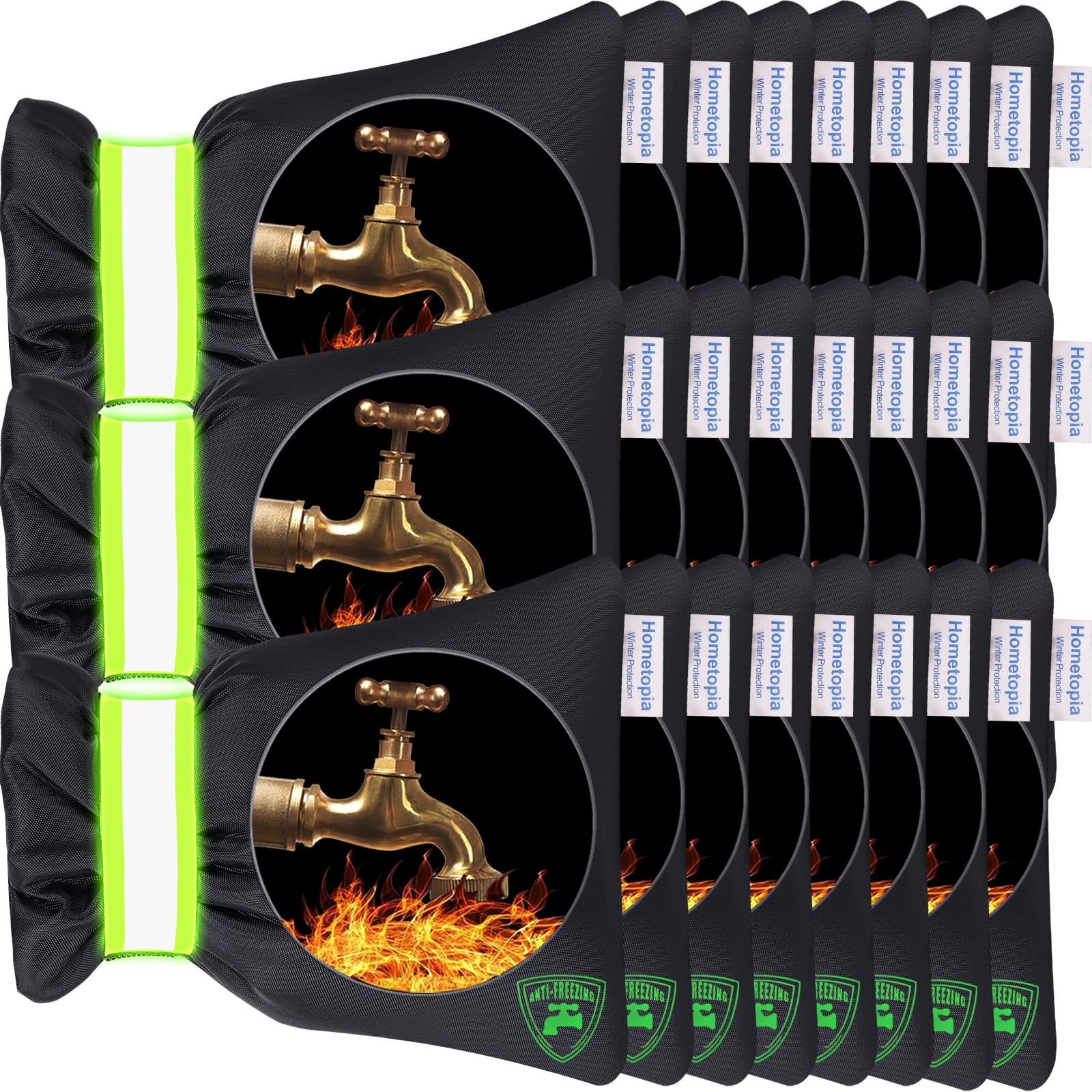 Hometopia front view of pack showing multiple faucet covers, tidy bulk protection