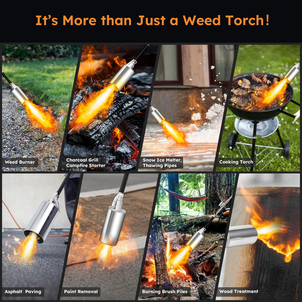 HomeyVenture flame treating weeds along driveway edge for efficient clearing