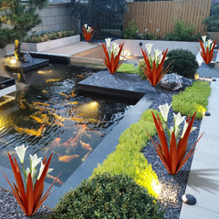 Homight close-up of lily center and leaf texture highlighting handcrafted metal detail