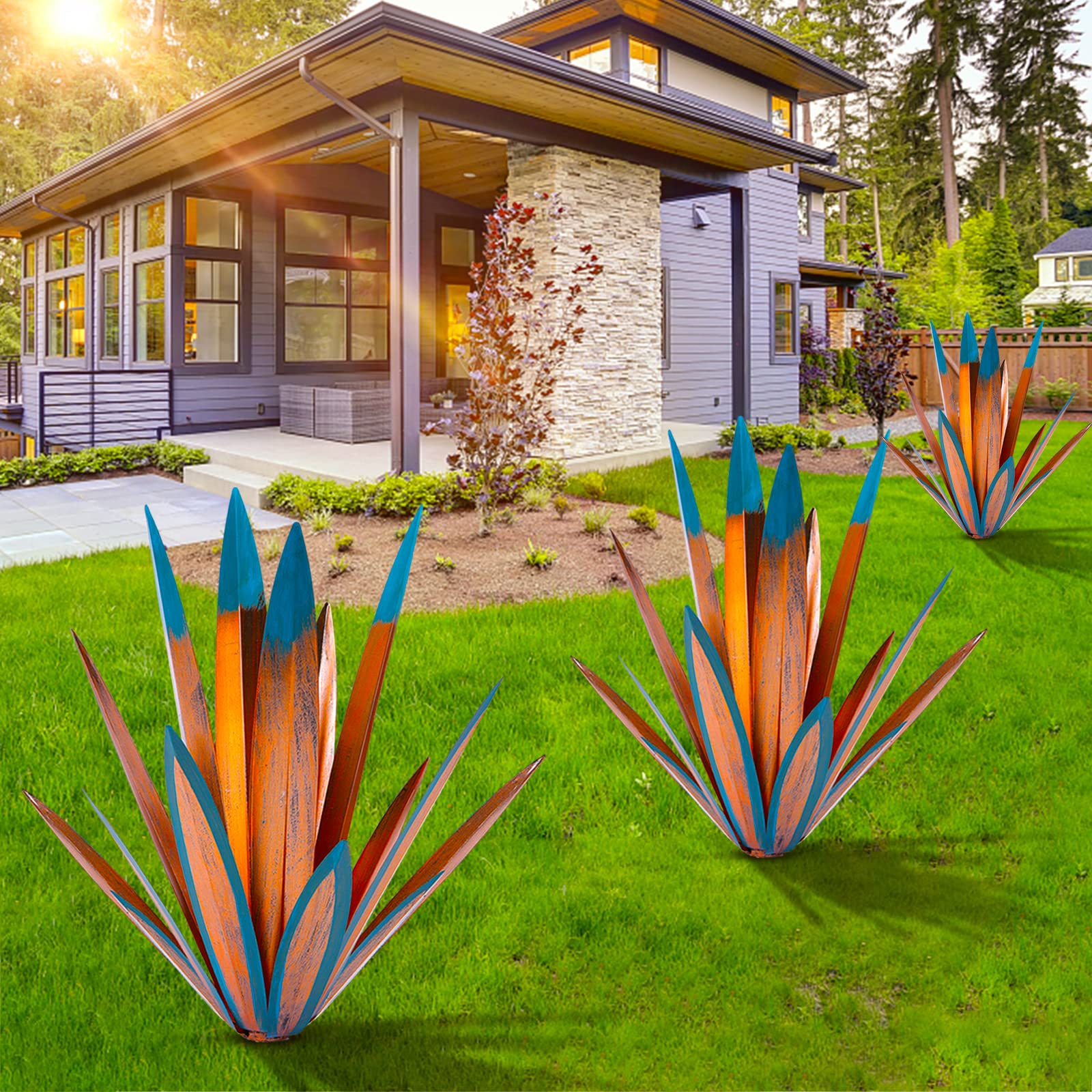 Homight metal agave placed on lawn illustrating weatherproof outdoor decoration benefit