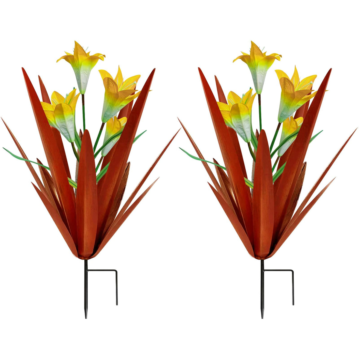 Homight metal agave front view showing sculptural leaves and lily, adds instant garden focal point