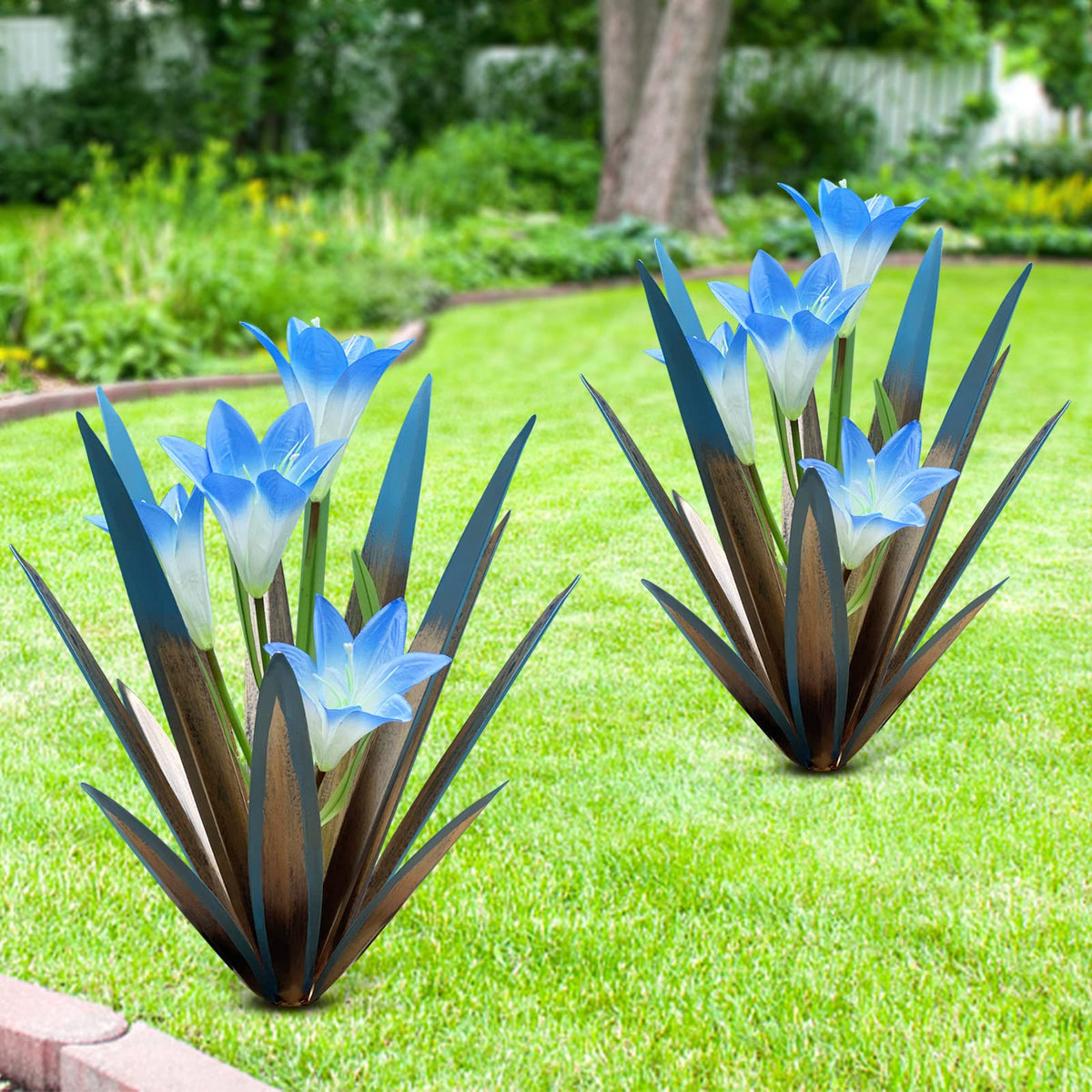 Homight metal agave front view showing bold blue lilies and weatherproof finish