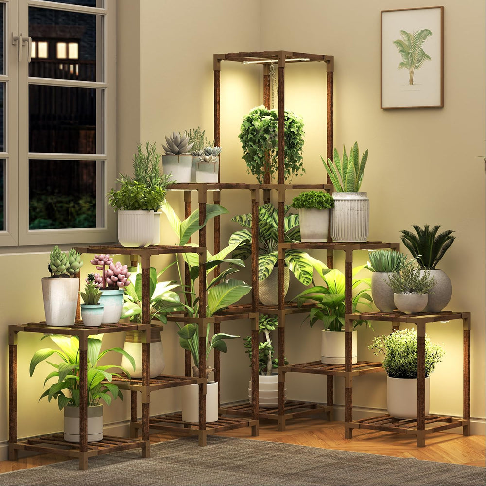 HOMKIRT corner plant stand front view showing neat multi-tier display and space-saving benefit