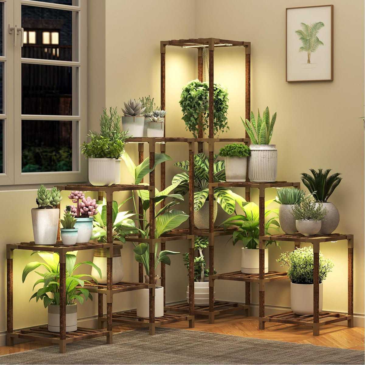 HOMKIRT corner plant stand front view showing neat multi-tier display and space-saving benefit