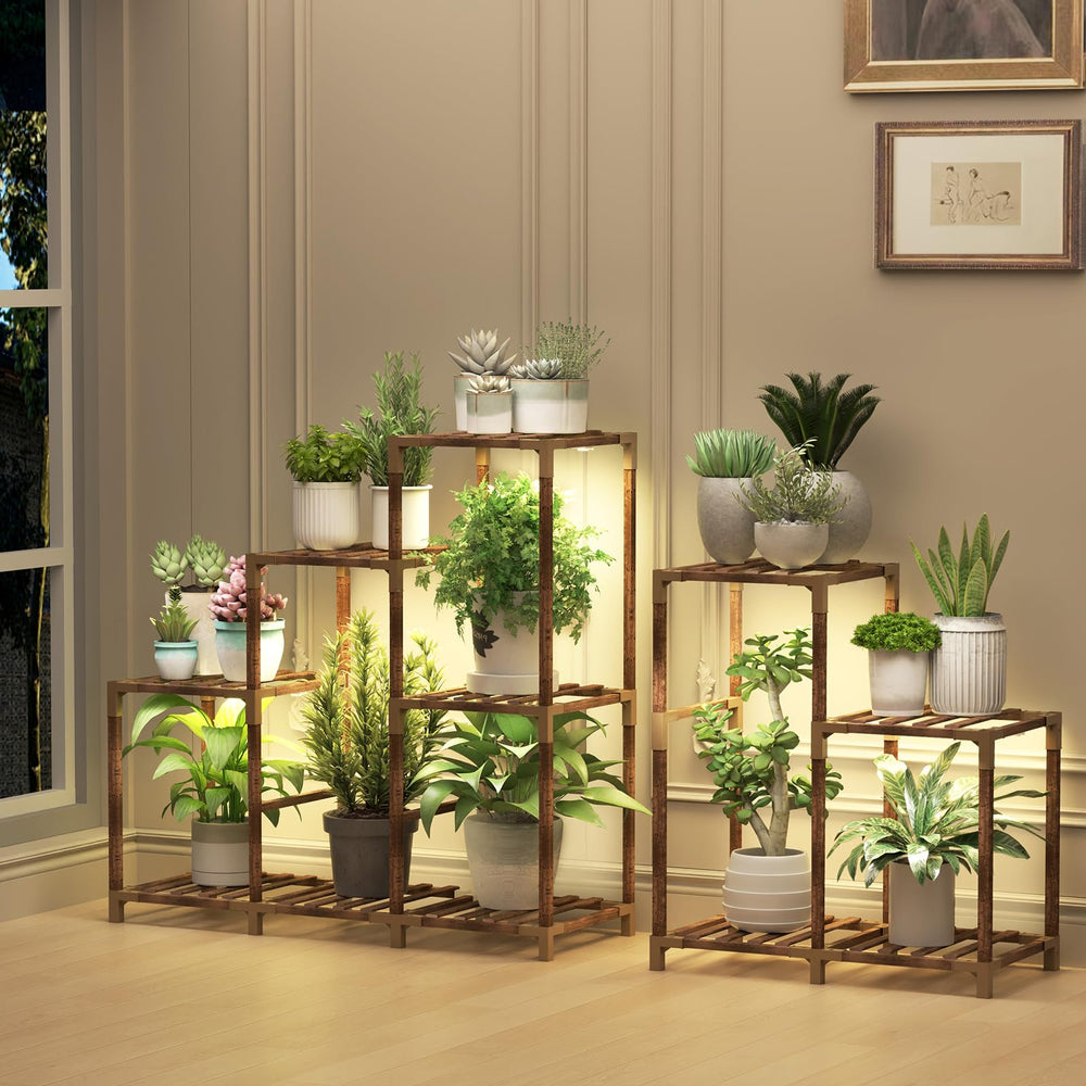 HOMKIRT front corner view showing full 12-tier shelf and organized plants for space saving