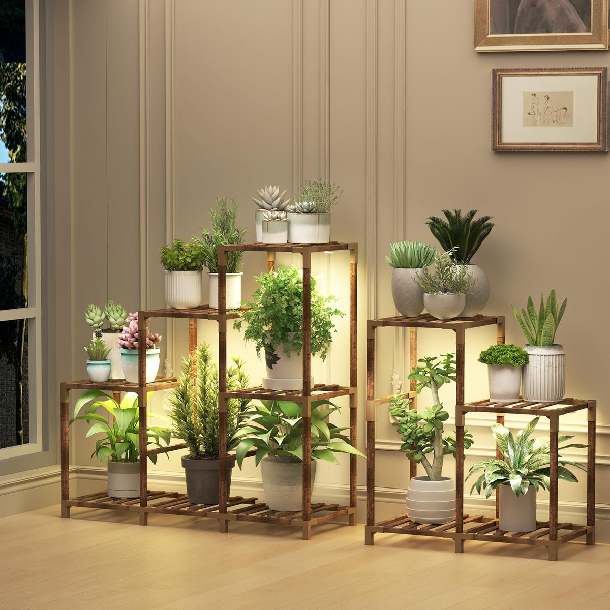 HOMKIRT front corner view showing full 12-tier shelf and organized plants for space saving