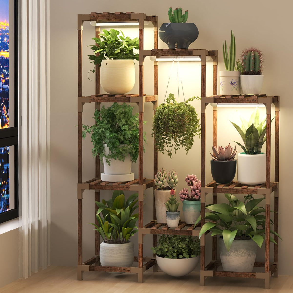 HOMKIRT front view of plant stand showing multiple shelves and integrated lights for display benefit