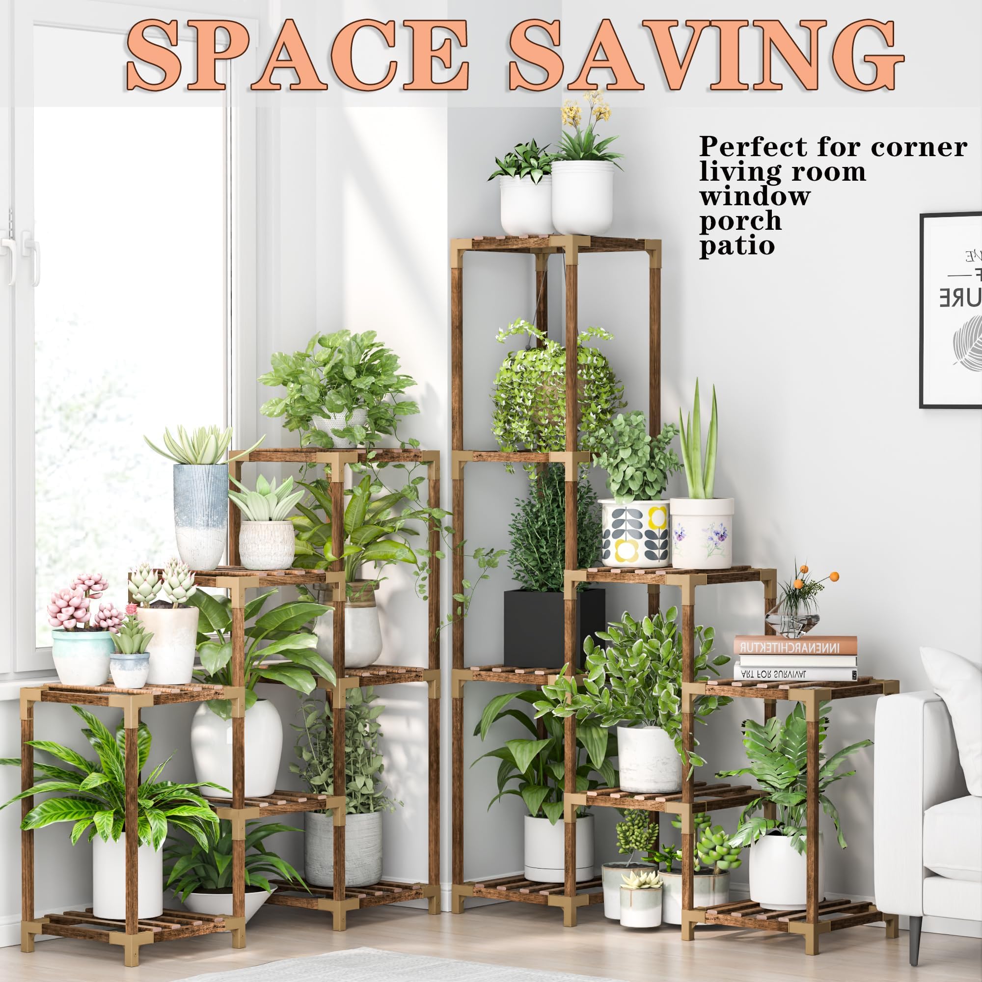 HOMKIRT plant stand staged in living room showing decorative and practical lighting benefit