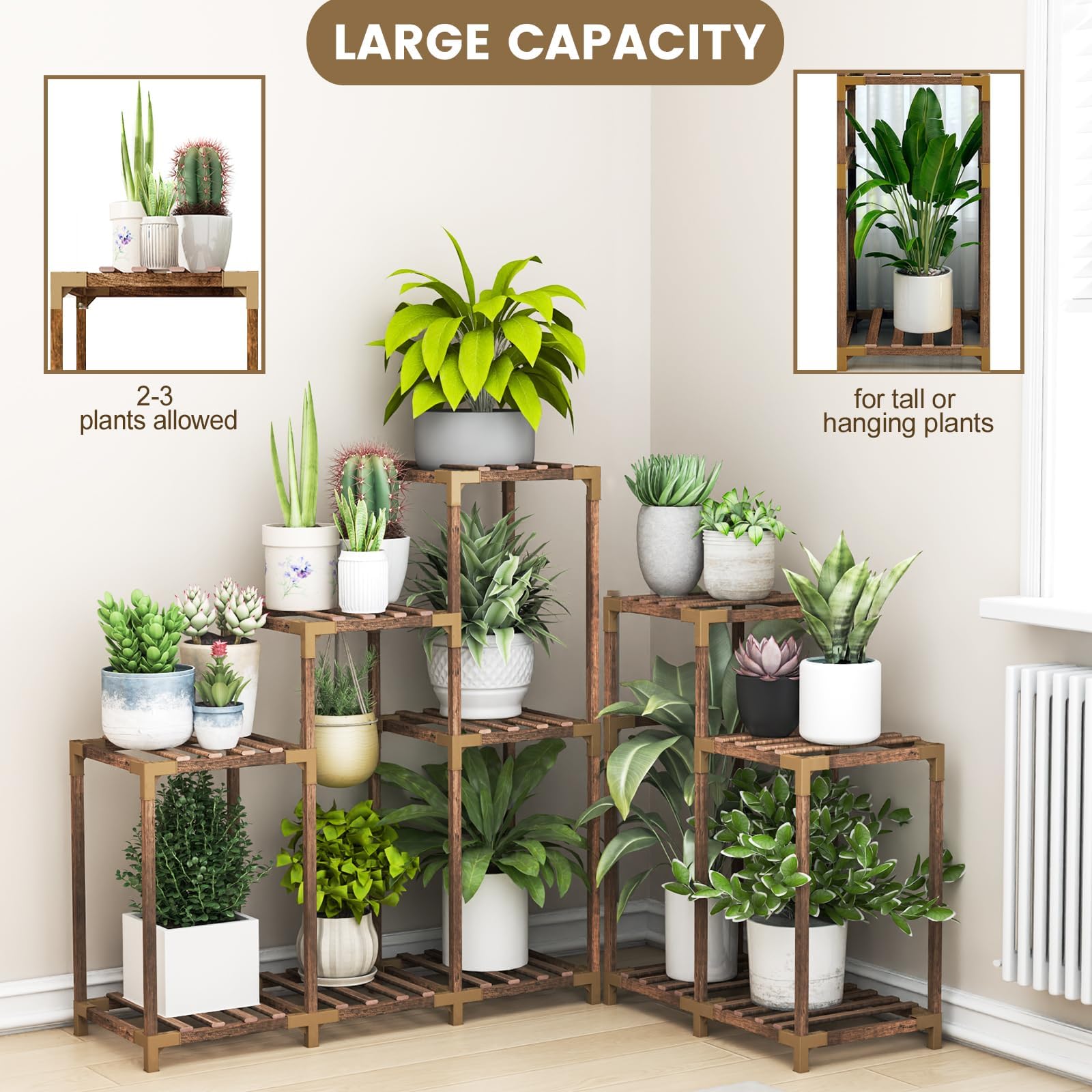 HOMKIRT shelf filled with mixed pots showing capacity for 8–10 inch and small pots