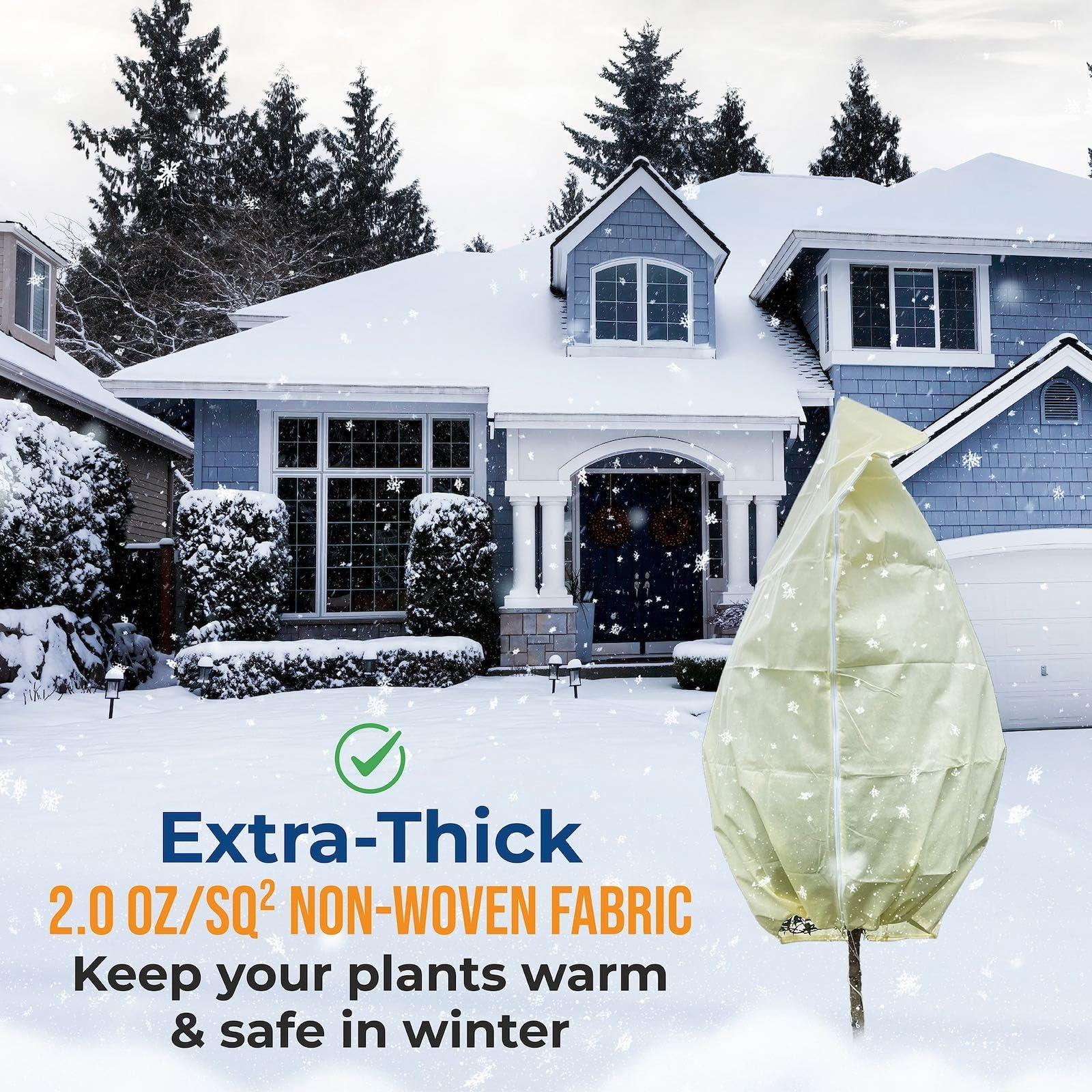 Homoda cover draped over shrub with person nearby showing scale and fit