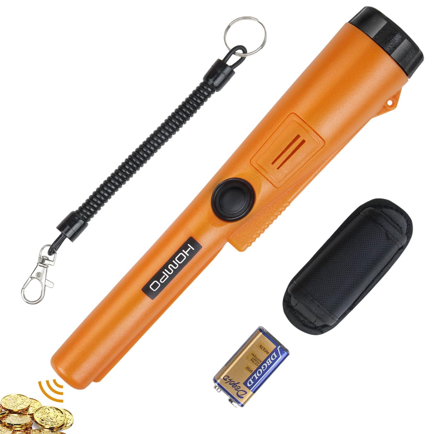HOMPO pinpointer front view showing compact wand and benefits of portability