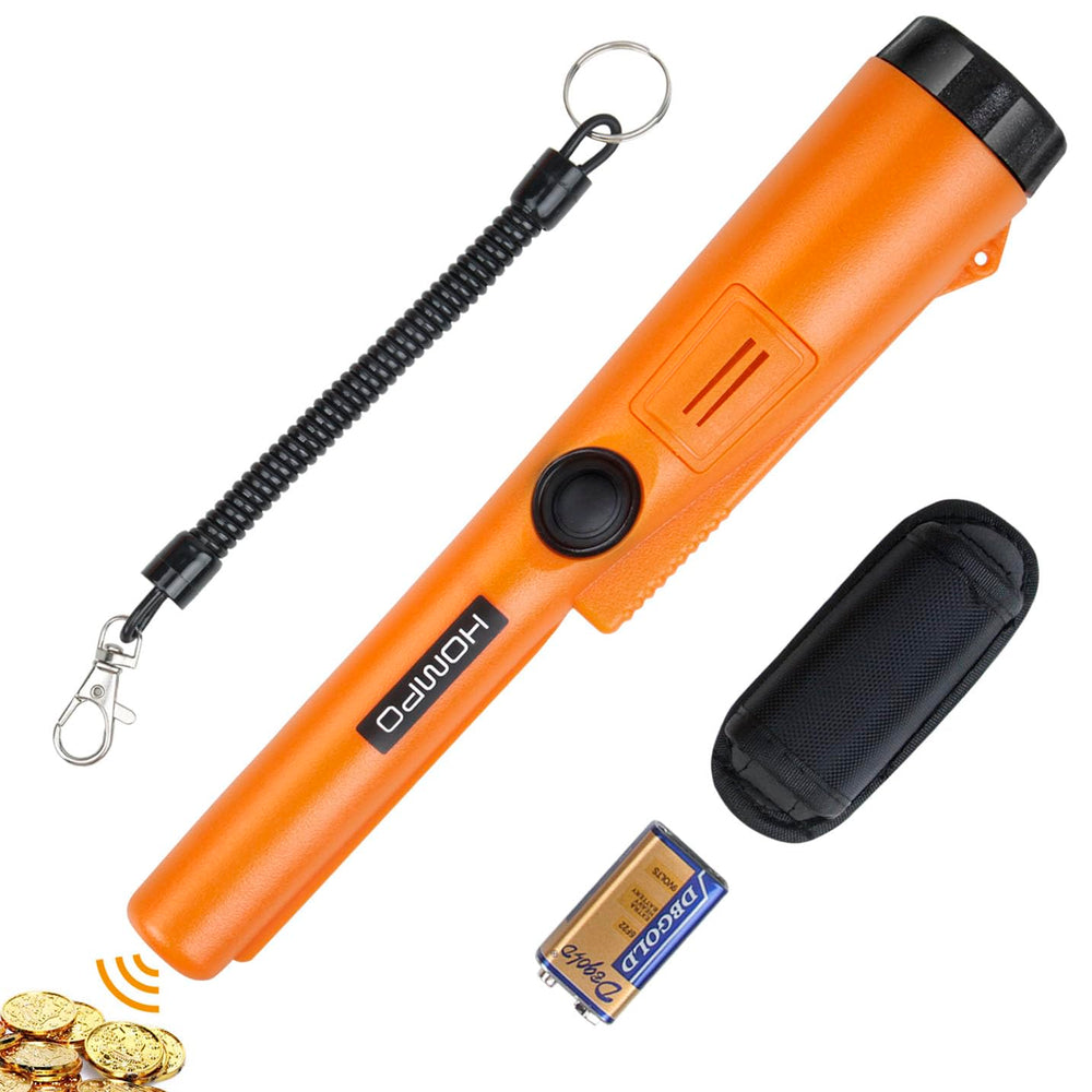 HOMPO pinpointer front view showing compact wand and benefits of portability