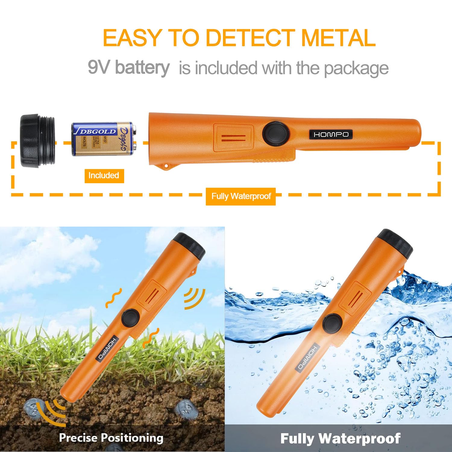 HOMPO pinpointer held in hand showing compact size and easy carry