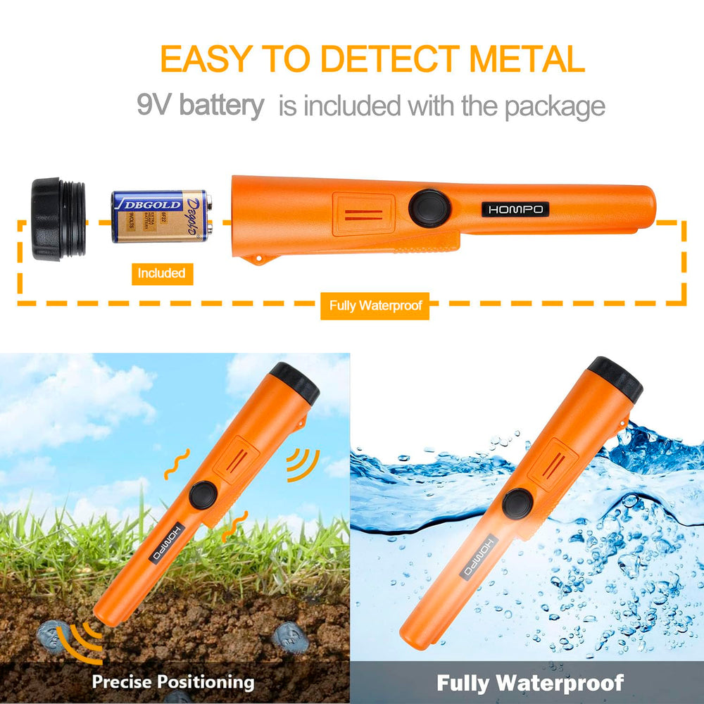 HOMPO pinpointer held in hand showing compact size and easy carry