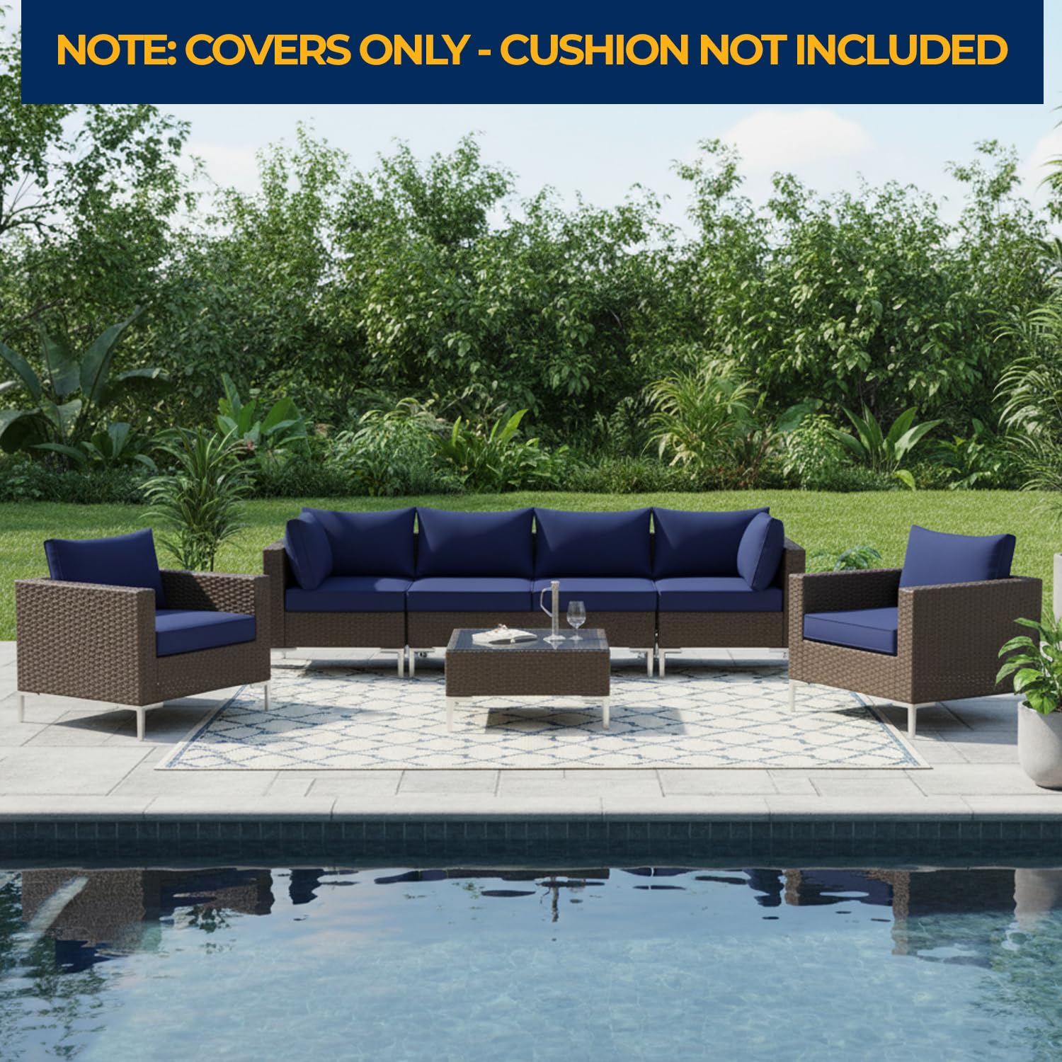 HOMREST navy covers on patio sofa staged to show refreshed outdoor style