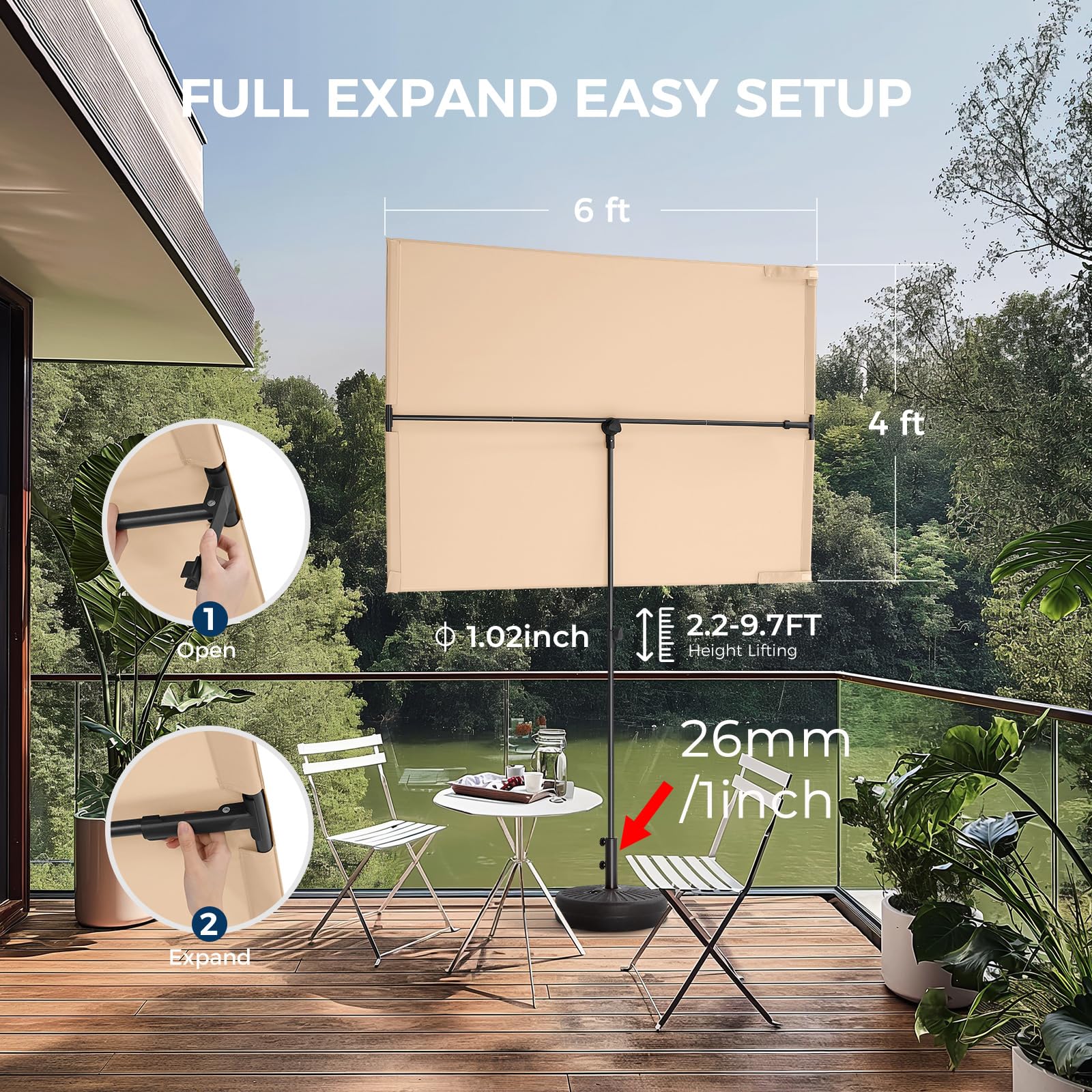HOMSHADE balcony umbrella mounted using adapter for wobble-free use