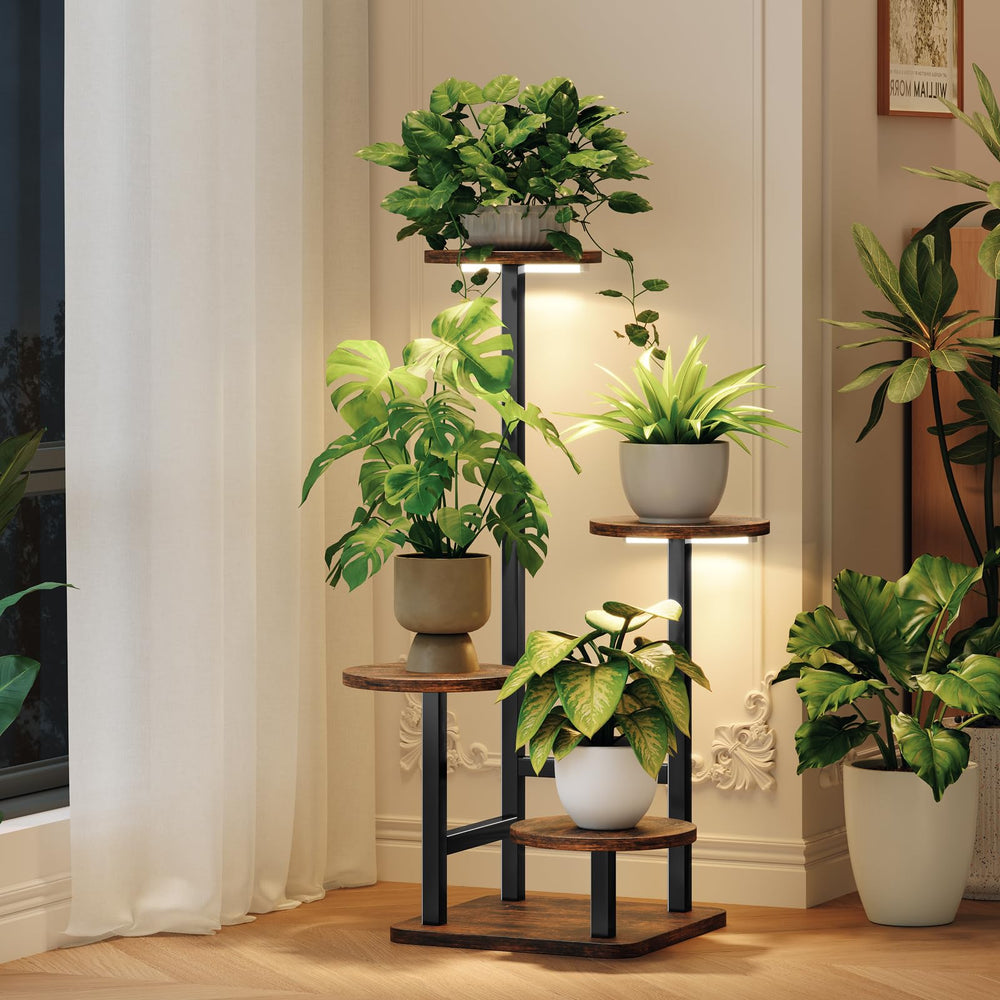 Homsorout front view of full 4-tier plant stand showing organized pots and decor benefit: space-saving display