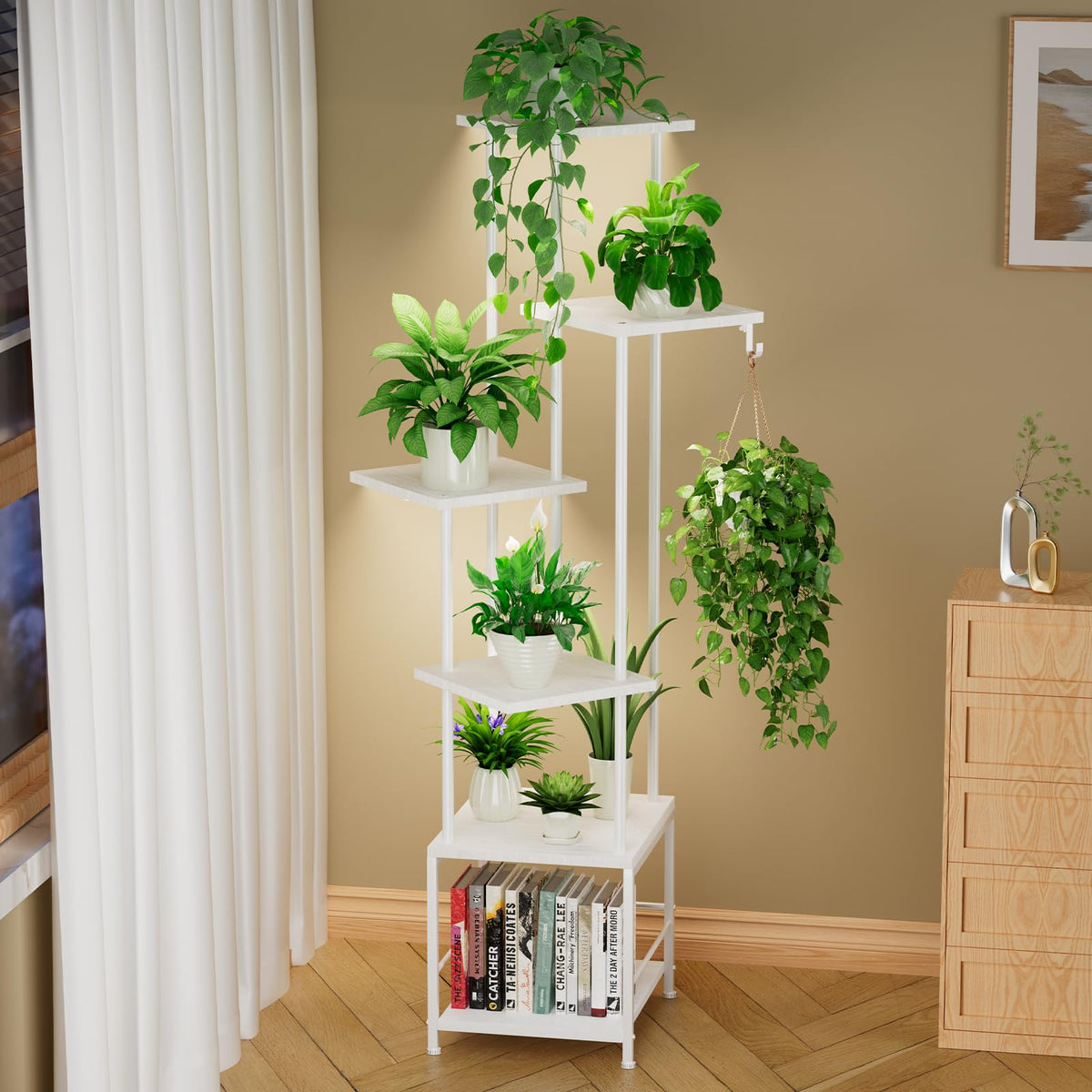 Homsorout front view plant stand showing multiple pots and tiered display benefit
