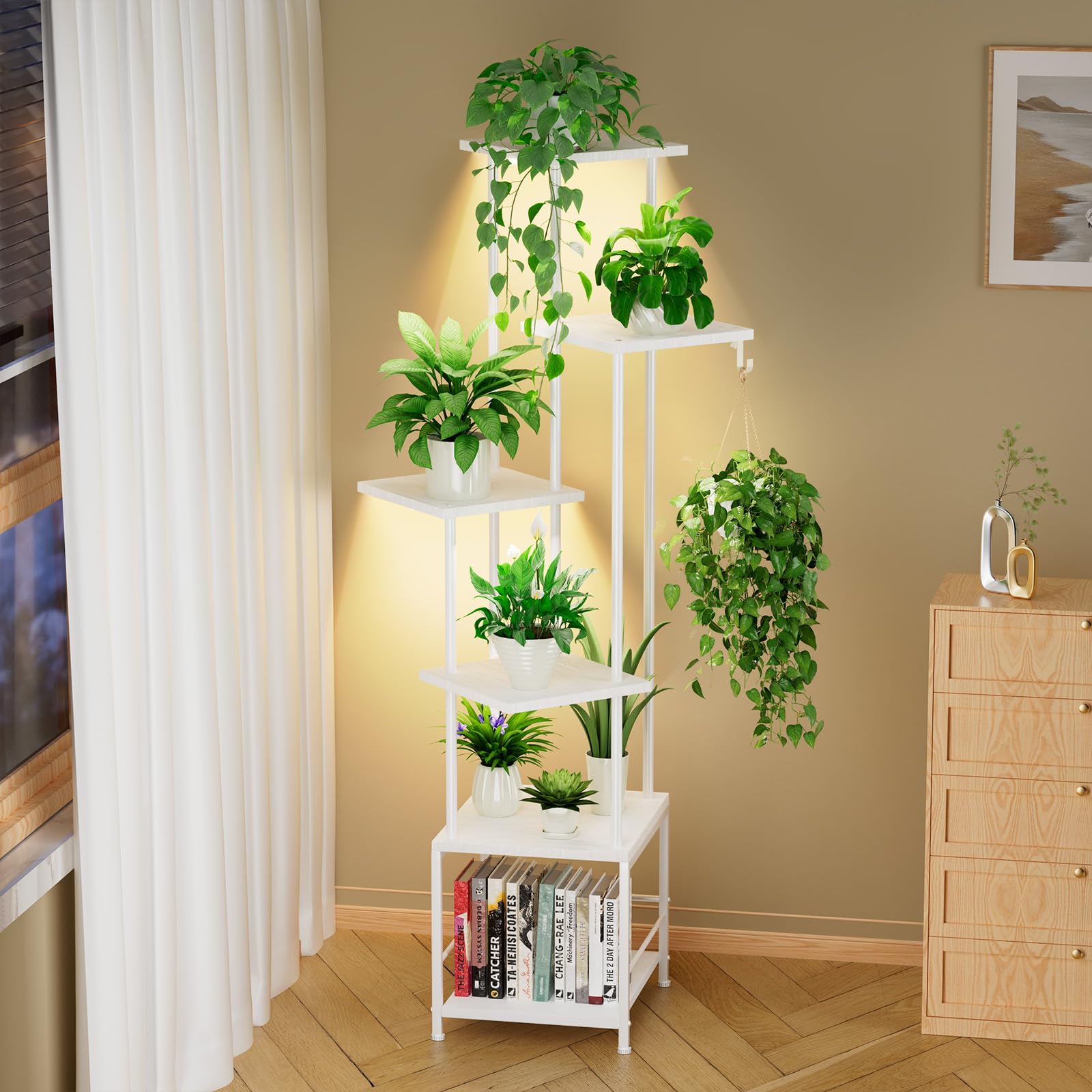 Homsorout front view of white plant stand showing six tiers and compact footprint