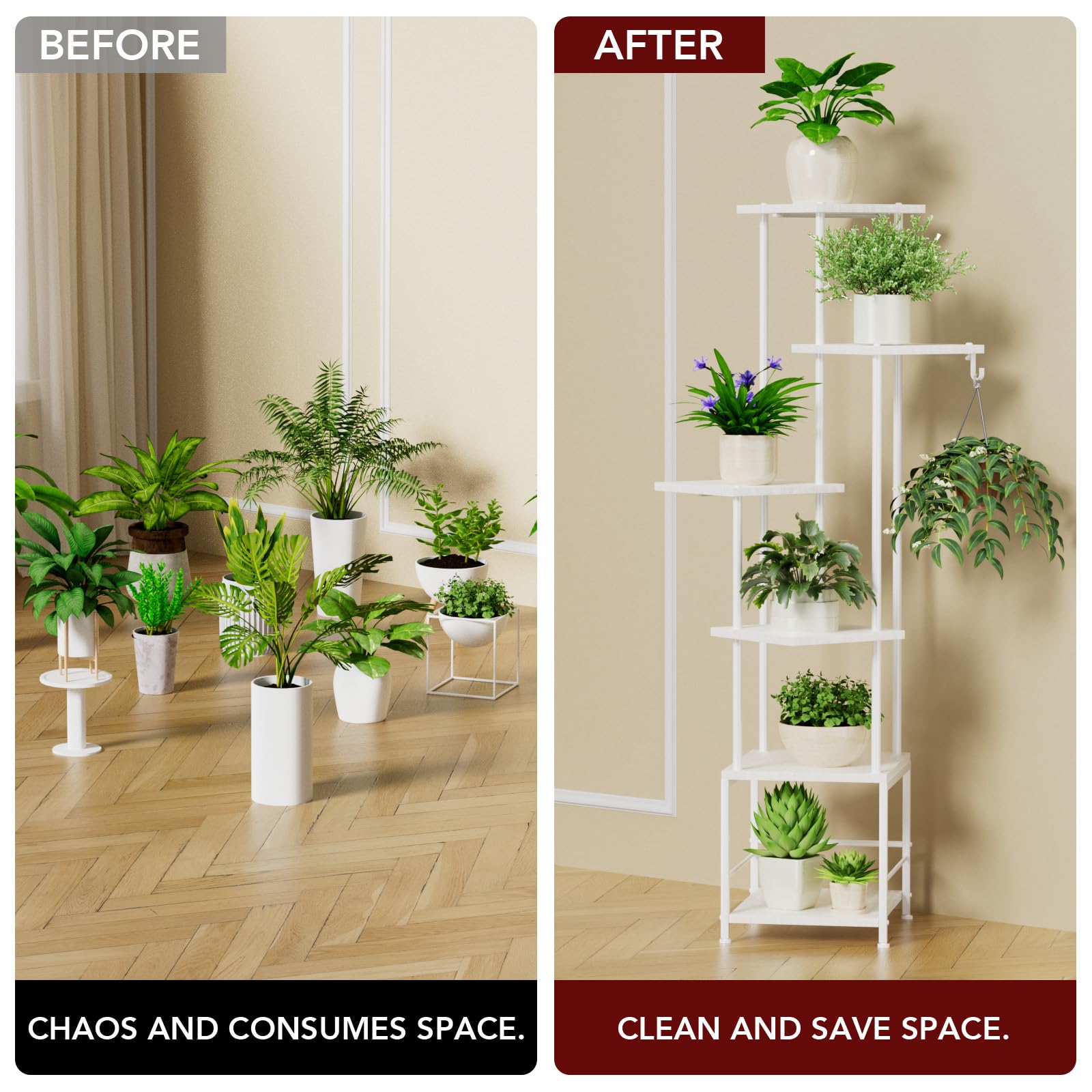 Homsorout plant stand staged in living room showing decorative and space-saving use