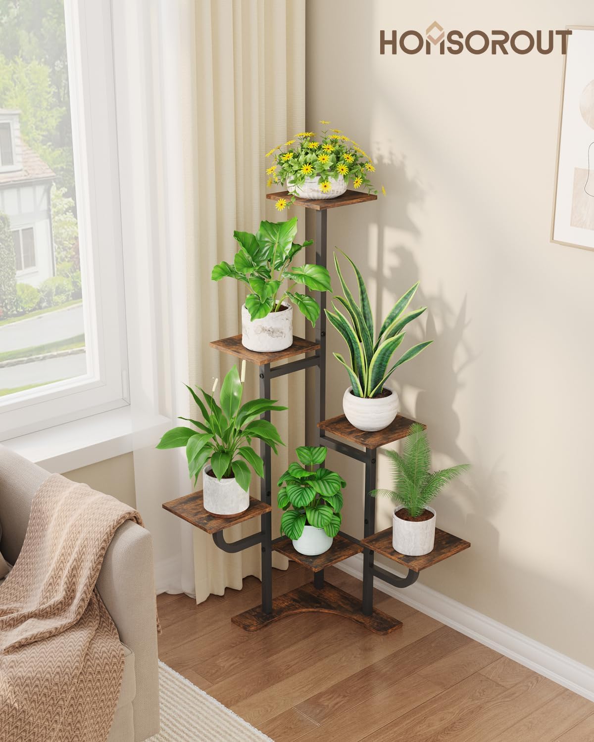 Homsorout metal frame detail highlighting black powder-coating and sturdy construction benefit