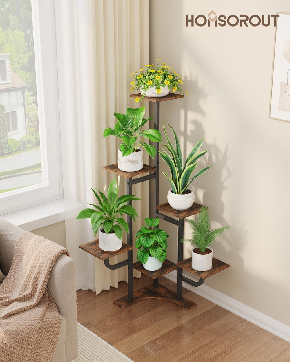 Homsorout metal frame detail highlighting black powder-coating and sturdy construction benefit