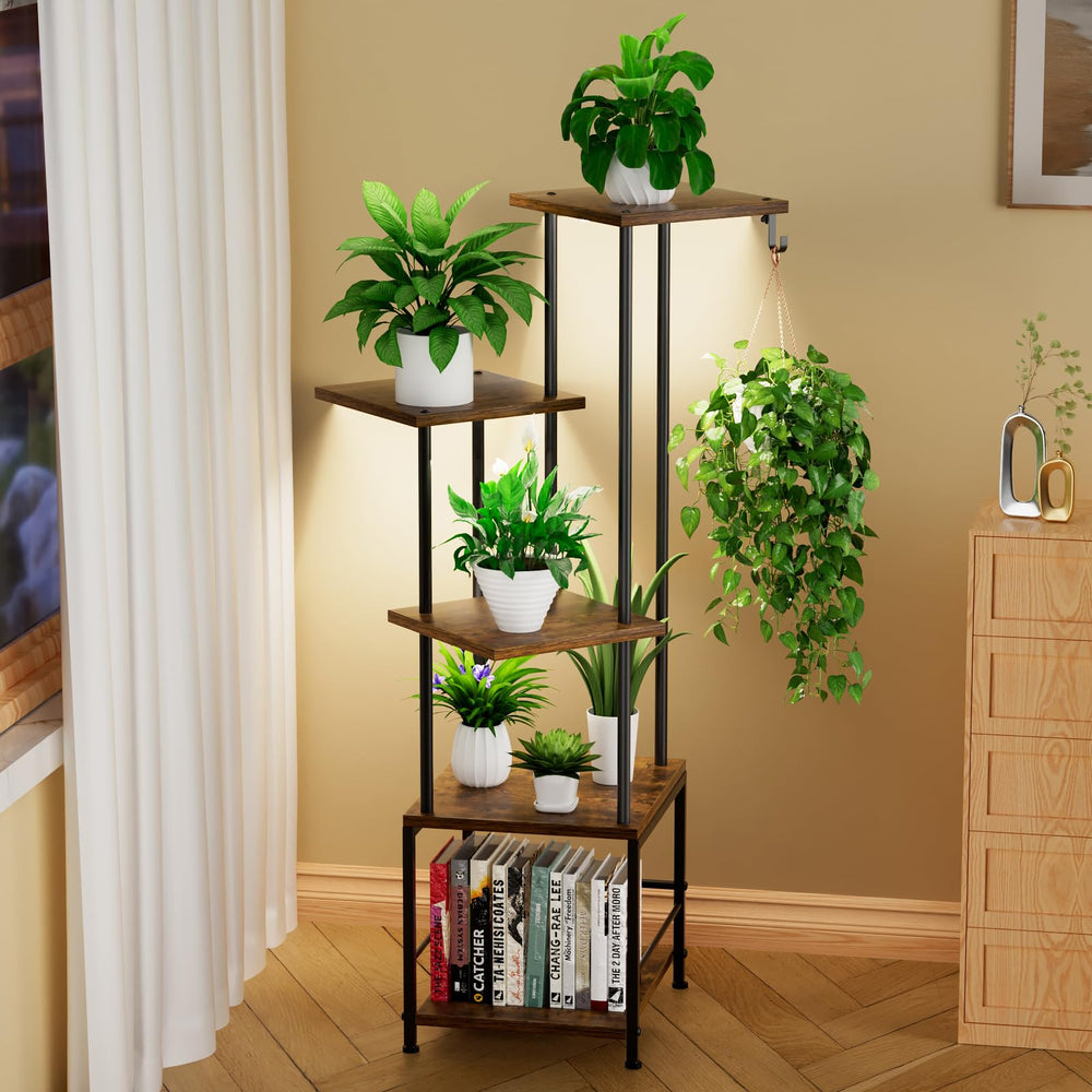 Homsorout front view of 5-tier plant stand showcasing multiple pots and rustic brown finish