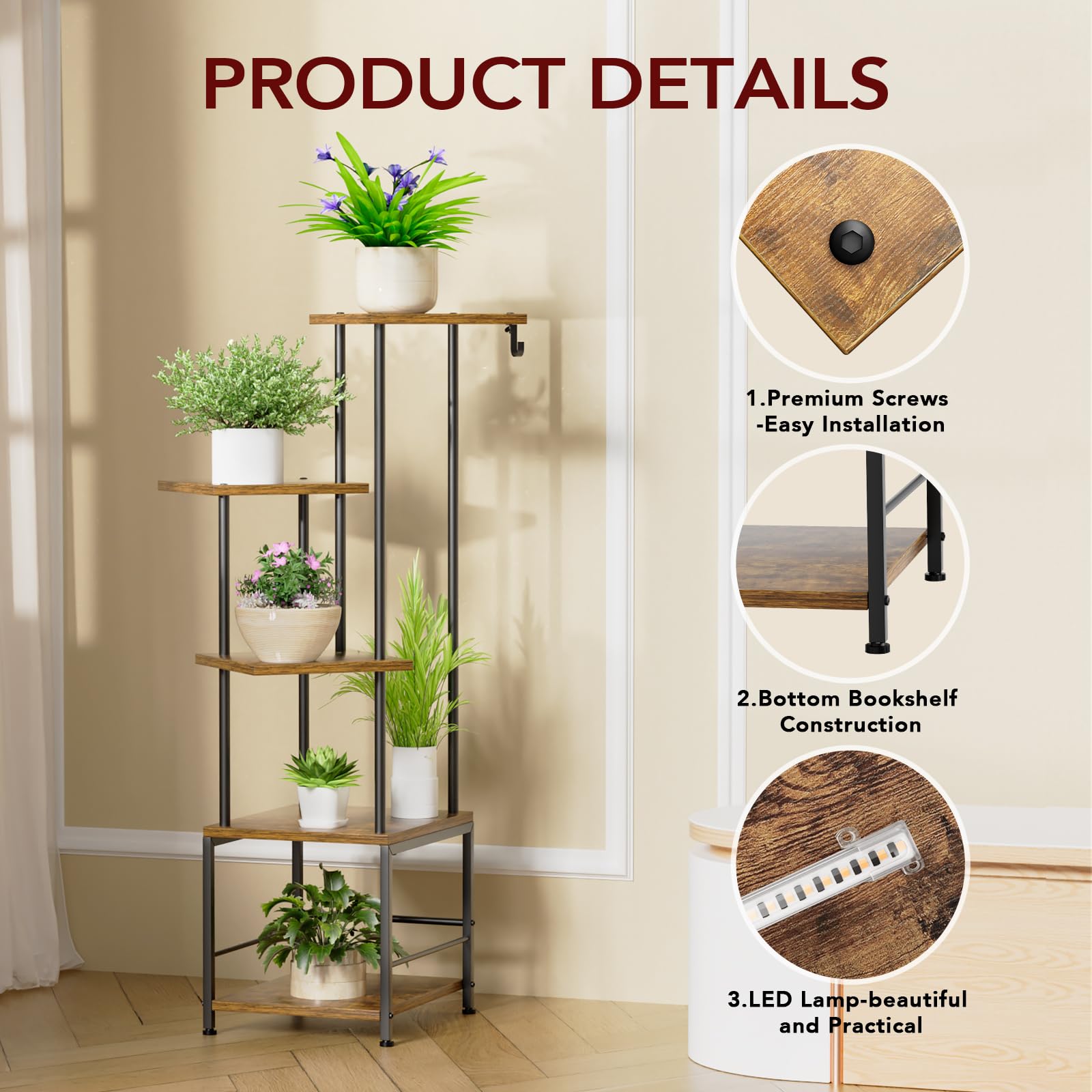 Homsorout plant stand staged in a living room adding warmth and vertical greenery