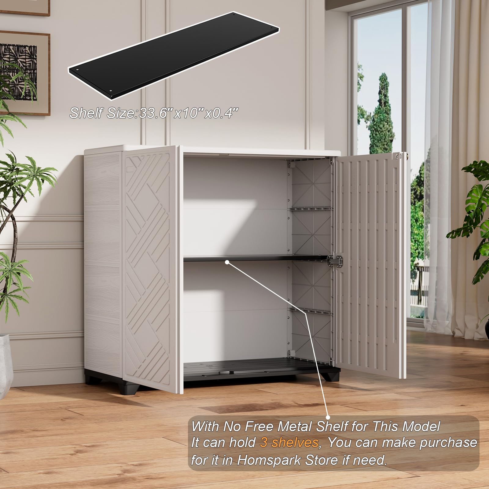 HOMSPARK cabinet on patio storing cushions and pool supplies for convenience