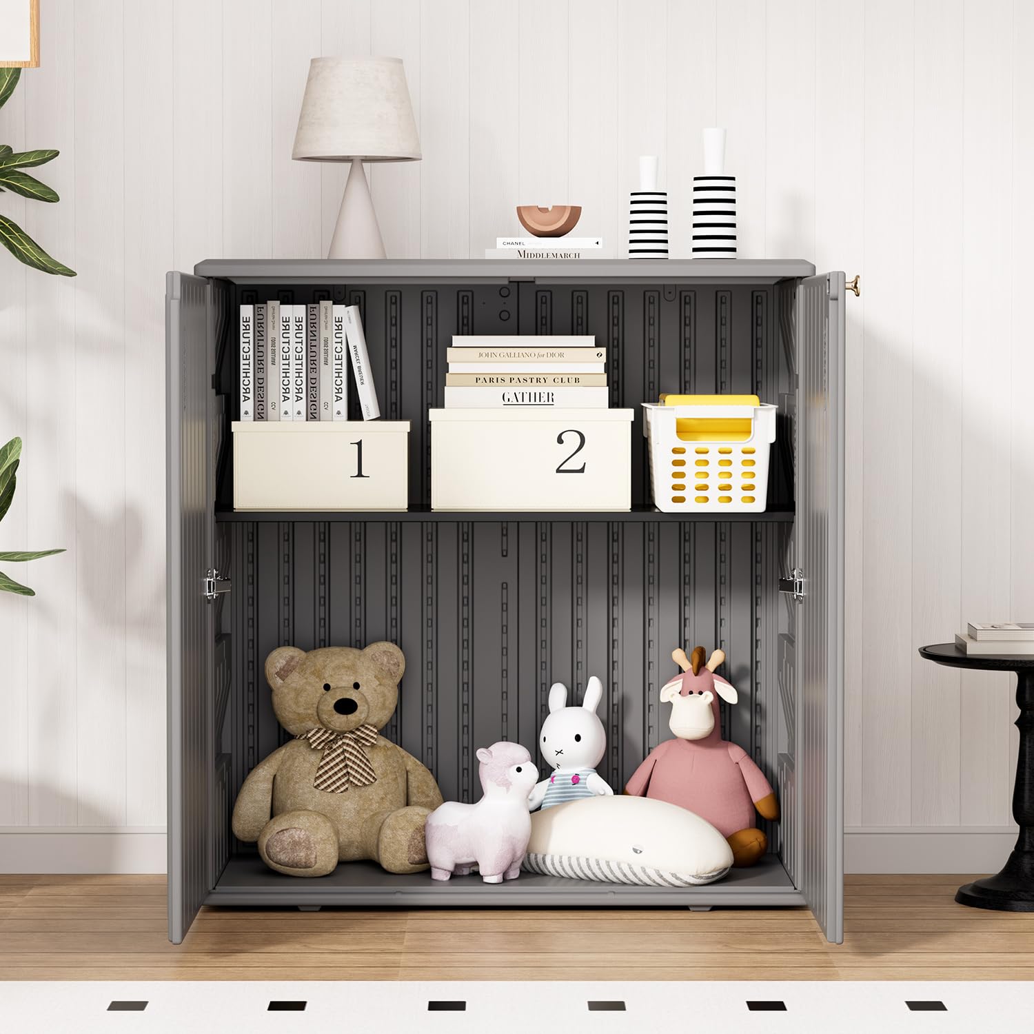 HOMSPARK cabinet next to chair demonstrating size and space-saving benefit