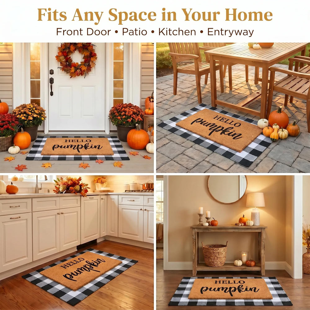 Homydecor alfombra en porche decorado con calabazas dando ambiente otoñal