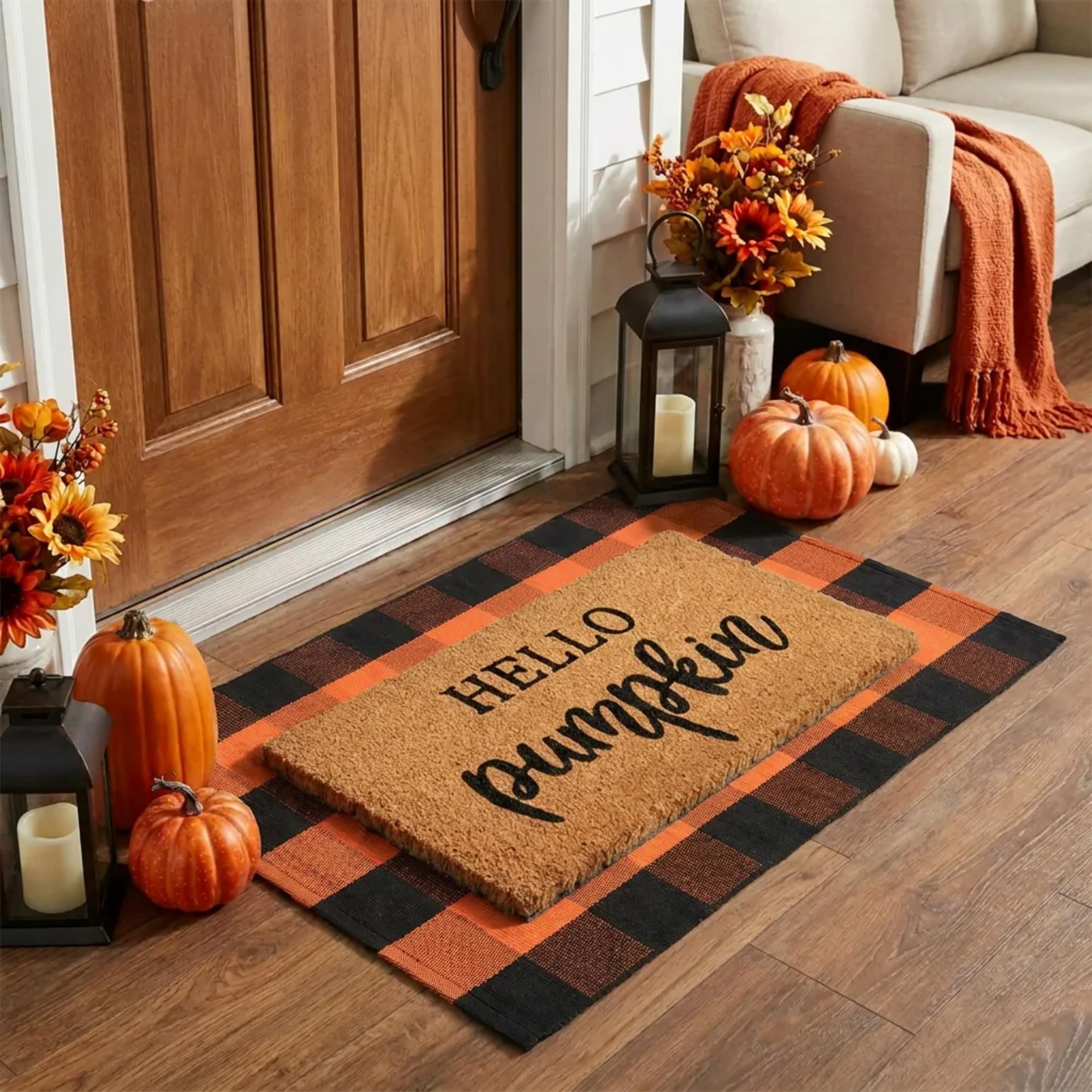 Homydecor alfombra buffalo plaid naranja y negra realzando decoracion