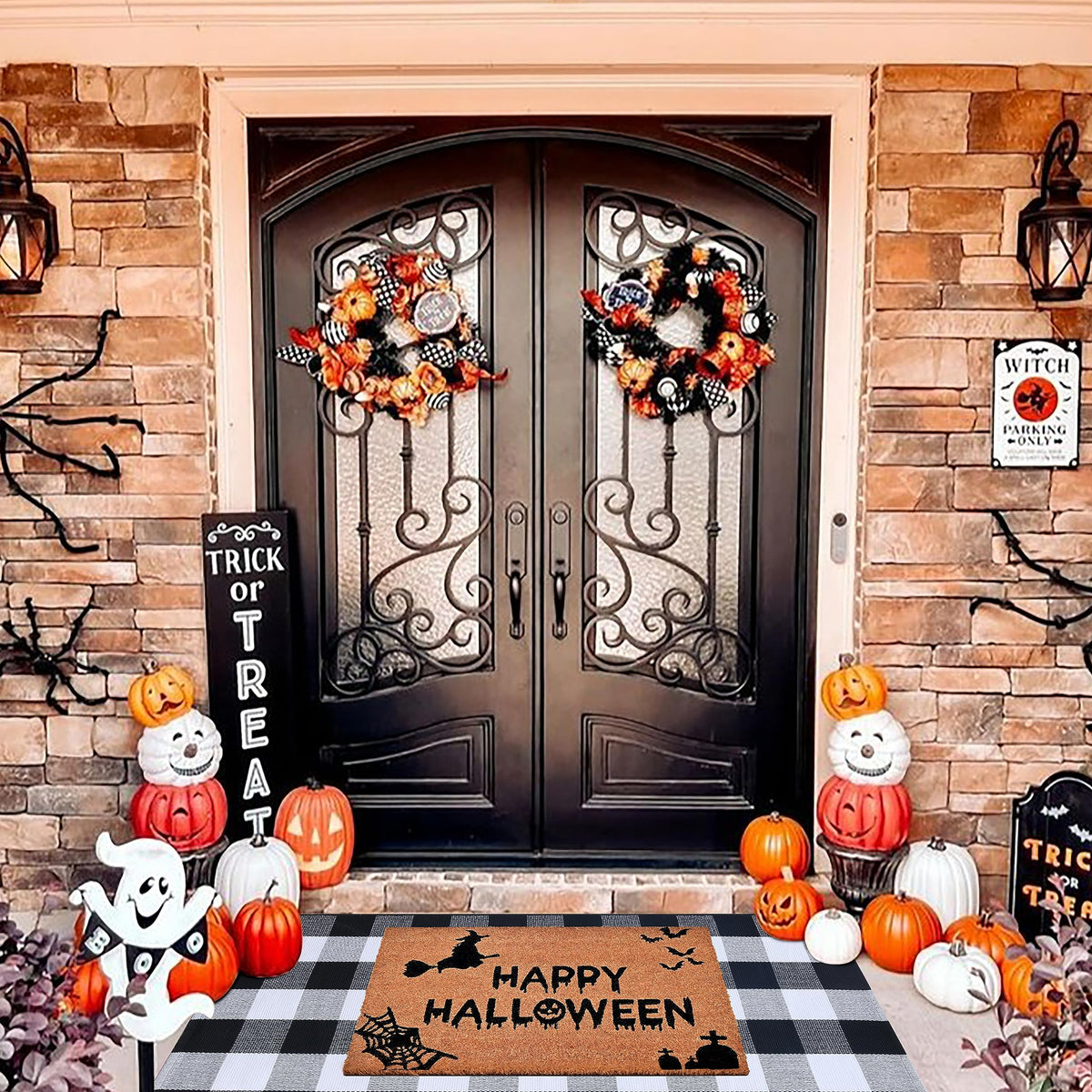 Homydecor coir welcome mat front showing Halloween design and strong dirt-scraping benefit