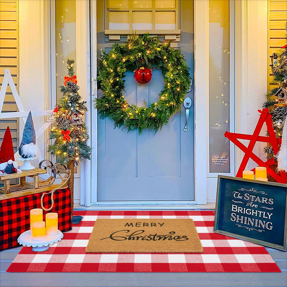 Homydecor front packaging showing both coir mat and plaid rug, quick seasonal setup benefit