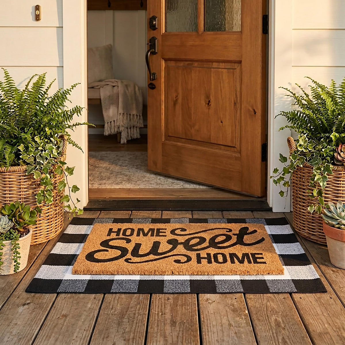 Homydecor front view of layered doormat set showing welcome message and plaid base for warm curb appeal