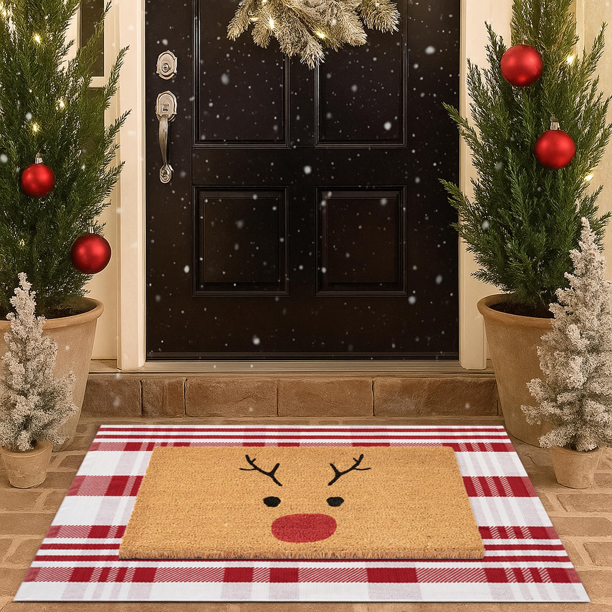 Homydecor layered doormat and rug on porch demonstrating festive layered protection