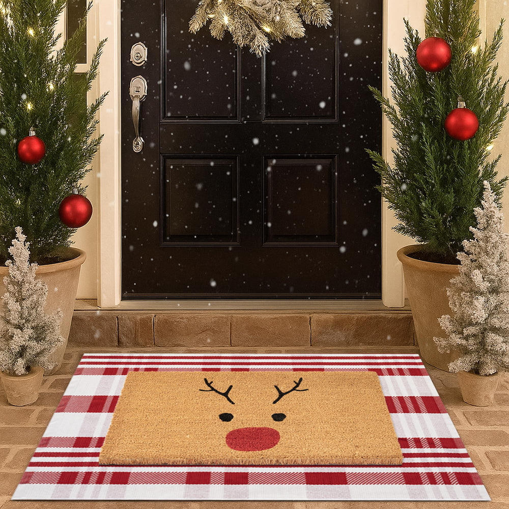 Homydecor layered doormat and rug on porch demonstrating festive layered protection