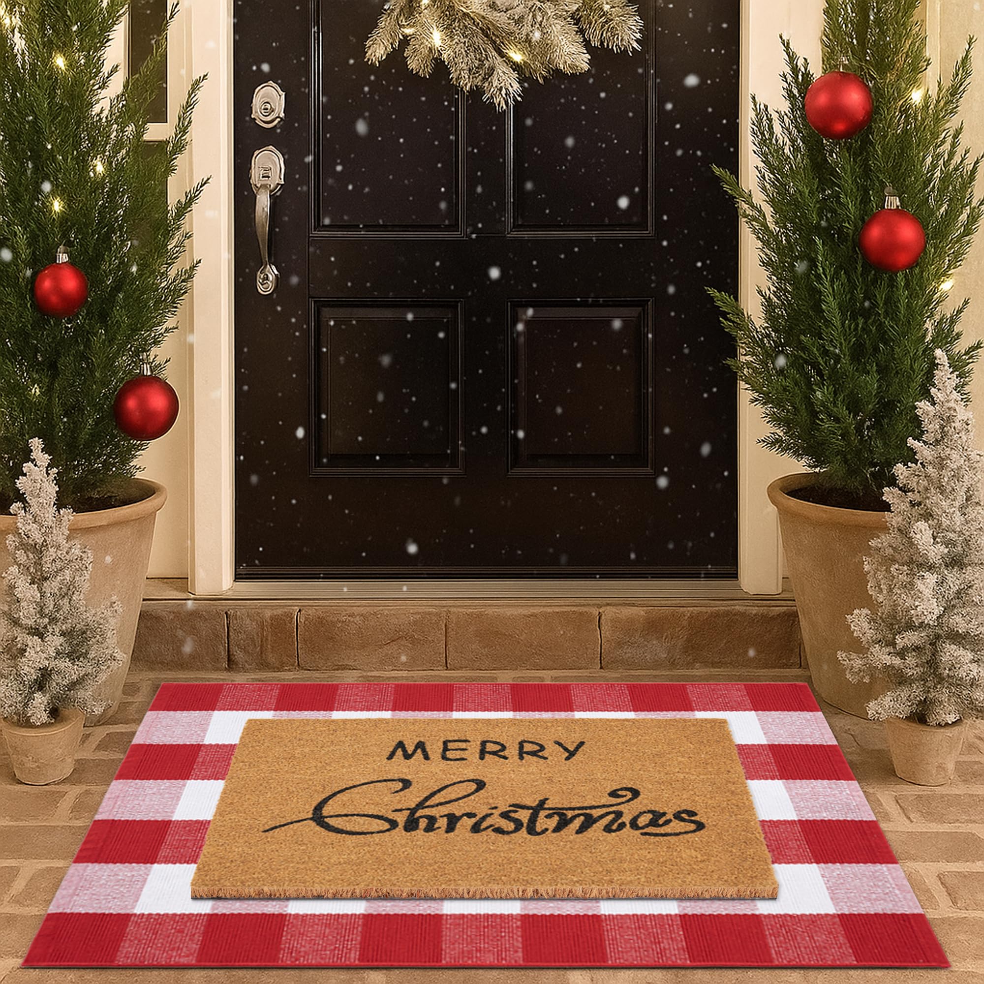 Homydecor layered entryway with coir mat on plaid rug, creates festive curb appeal