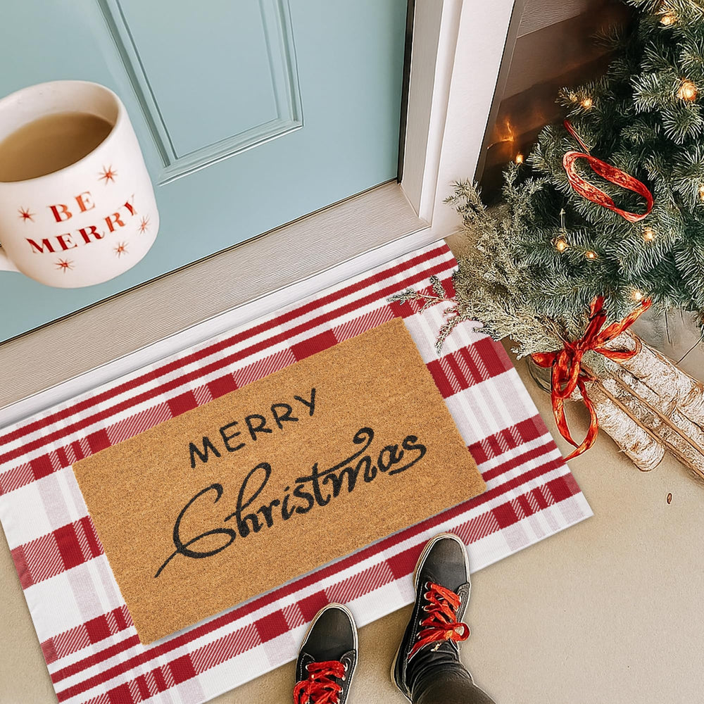 Homydecor layered mats styled on porch for festive curb appeal
