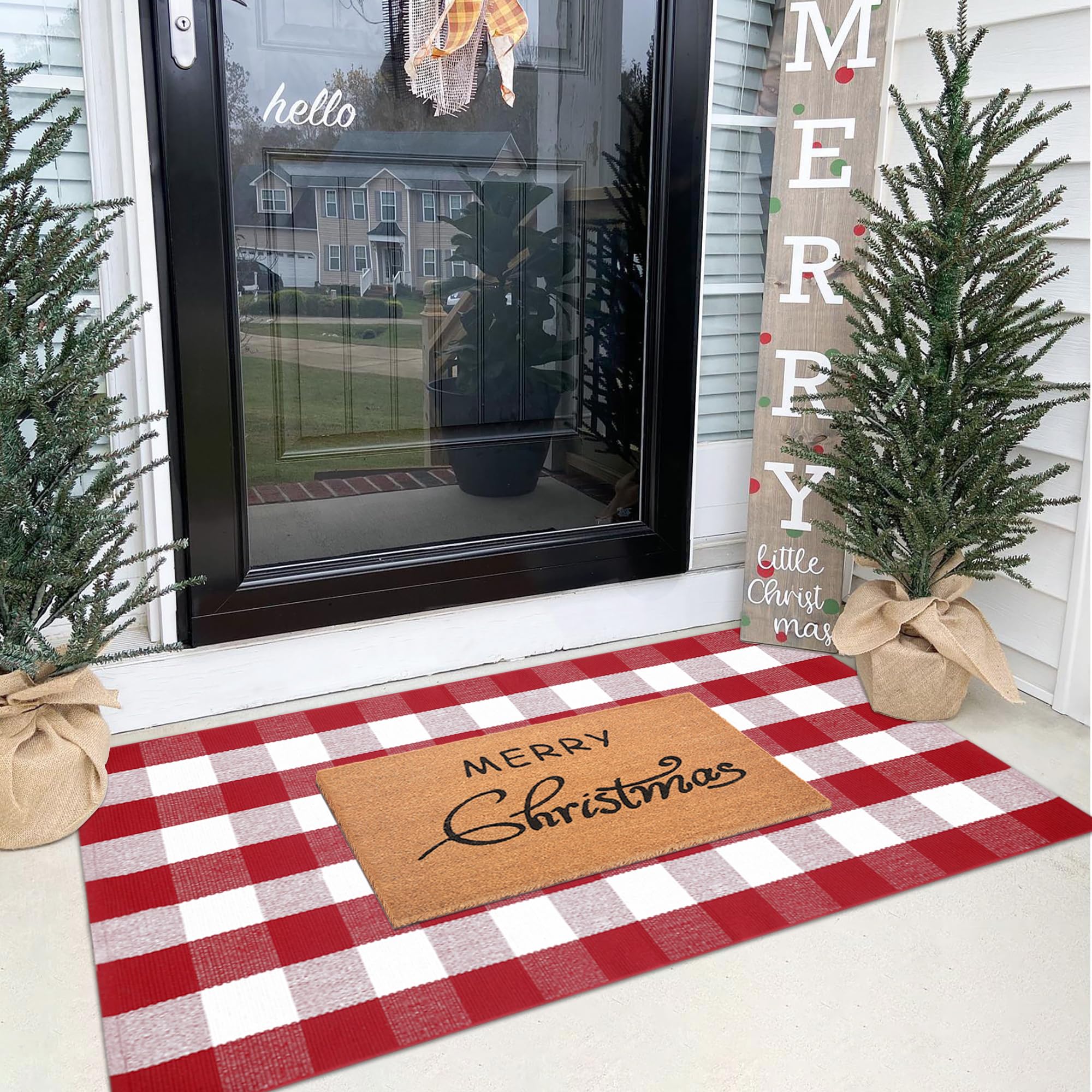 Homydecor full 3x5 red and white plaid rug laid flat, provides cozy visual foundation