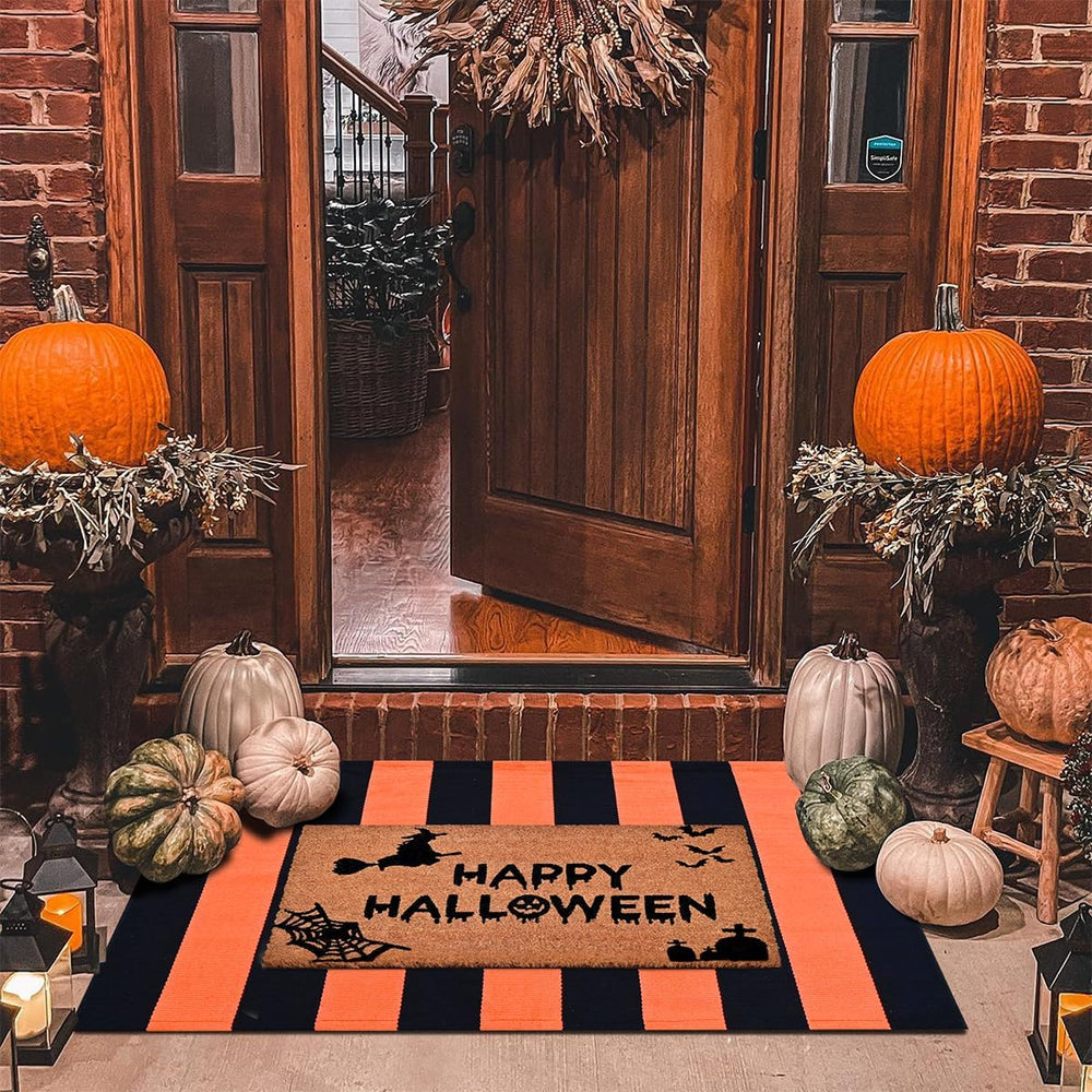 Homydecor orange and black rug flatlay highlighting buffalo check pattern