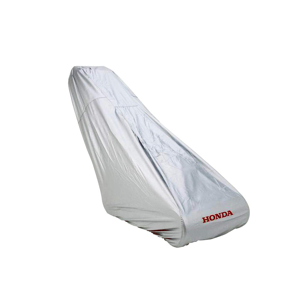 Honda silver mower cover front view showing red Honda logo and fitted shape protecting mower
