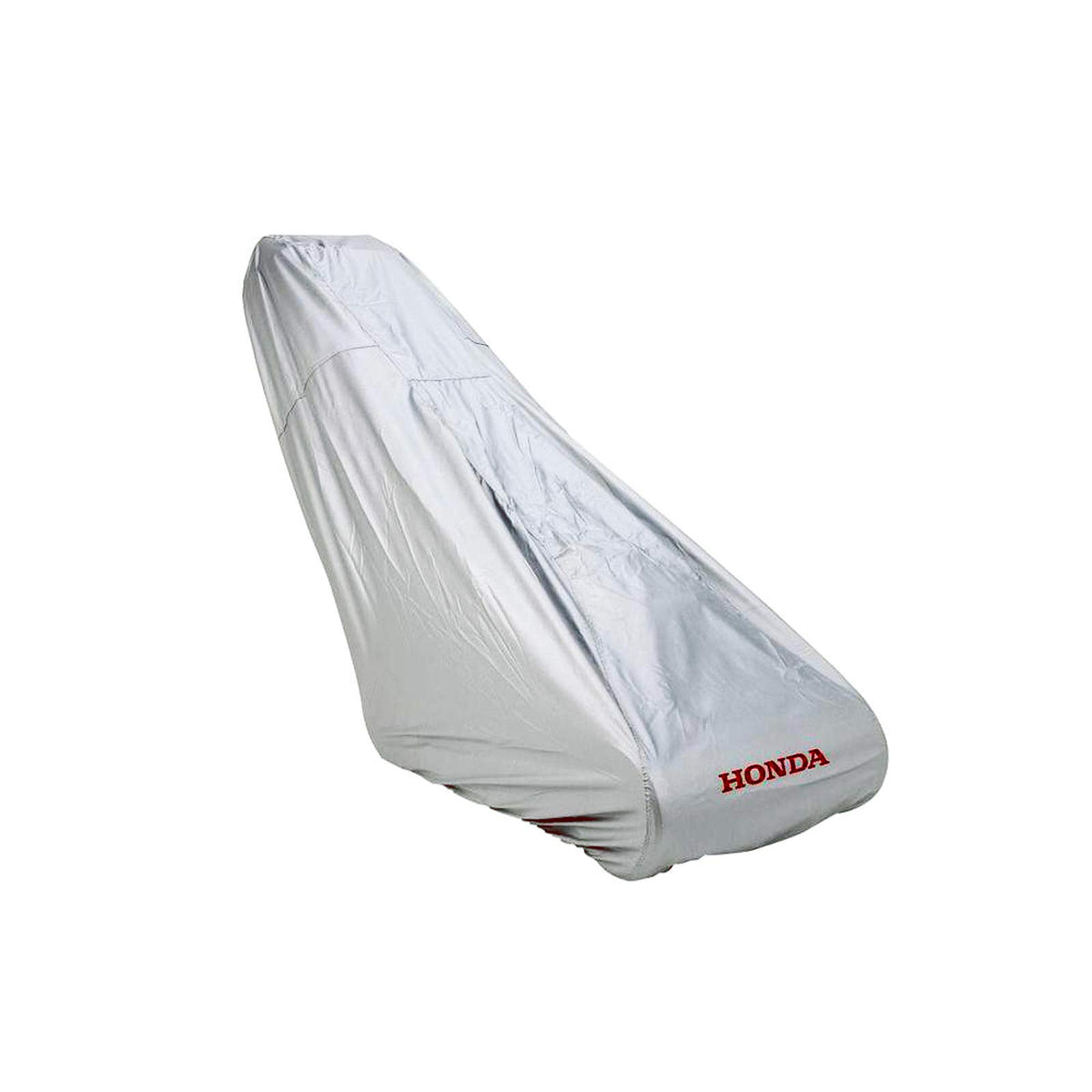 Honda silver mower cover front view showing red Honda logo and fitted shape protecting mower