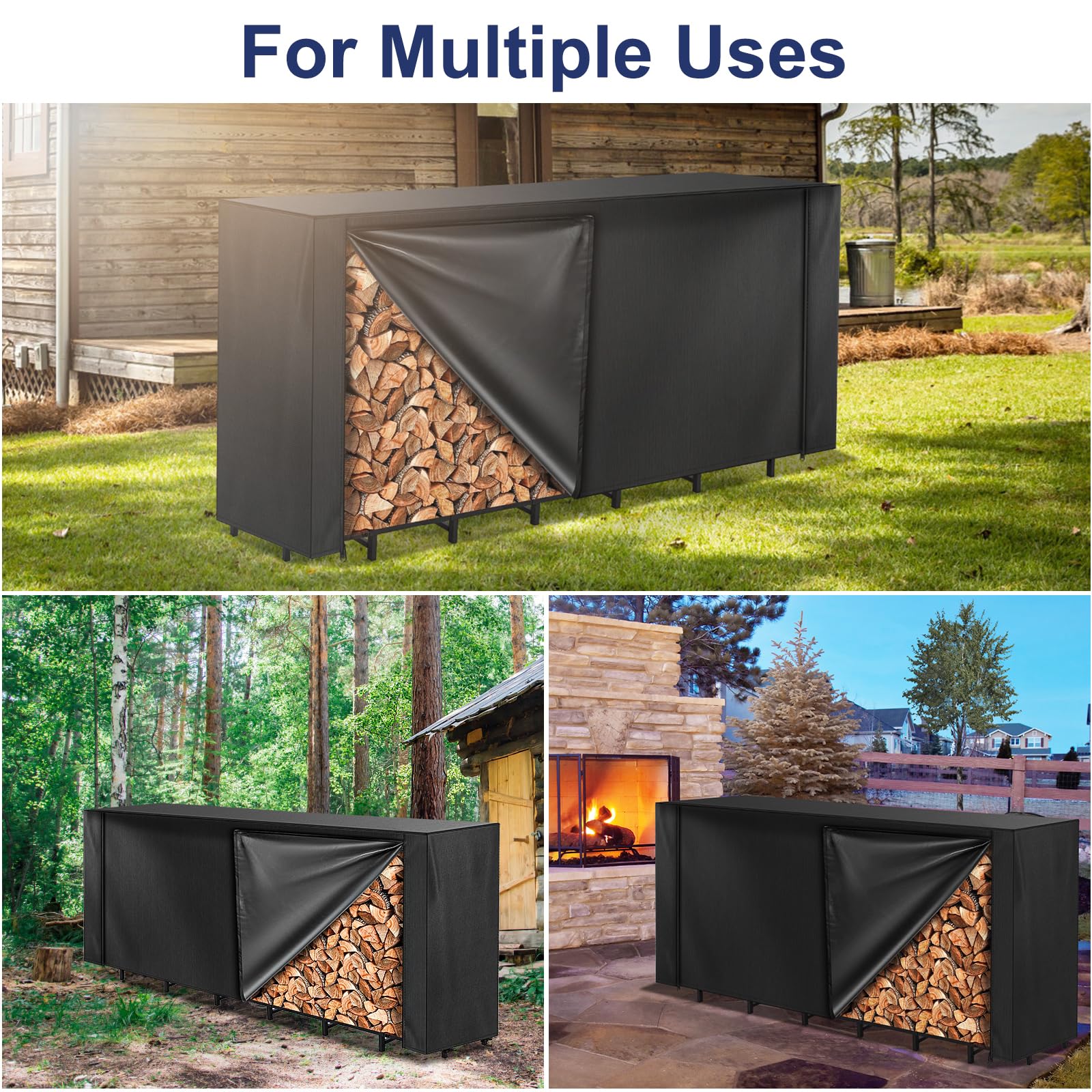 HONEST OUTFITTERS backyard scene showing cover in use protecting wood pile