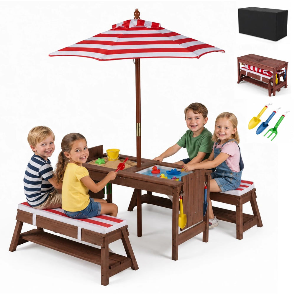 HONEY JOY front view of assembled picnic table showing set and umbrella for family play