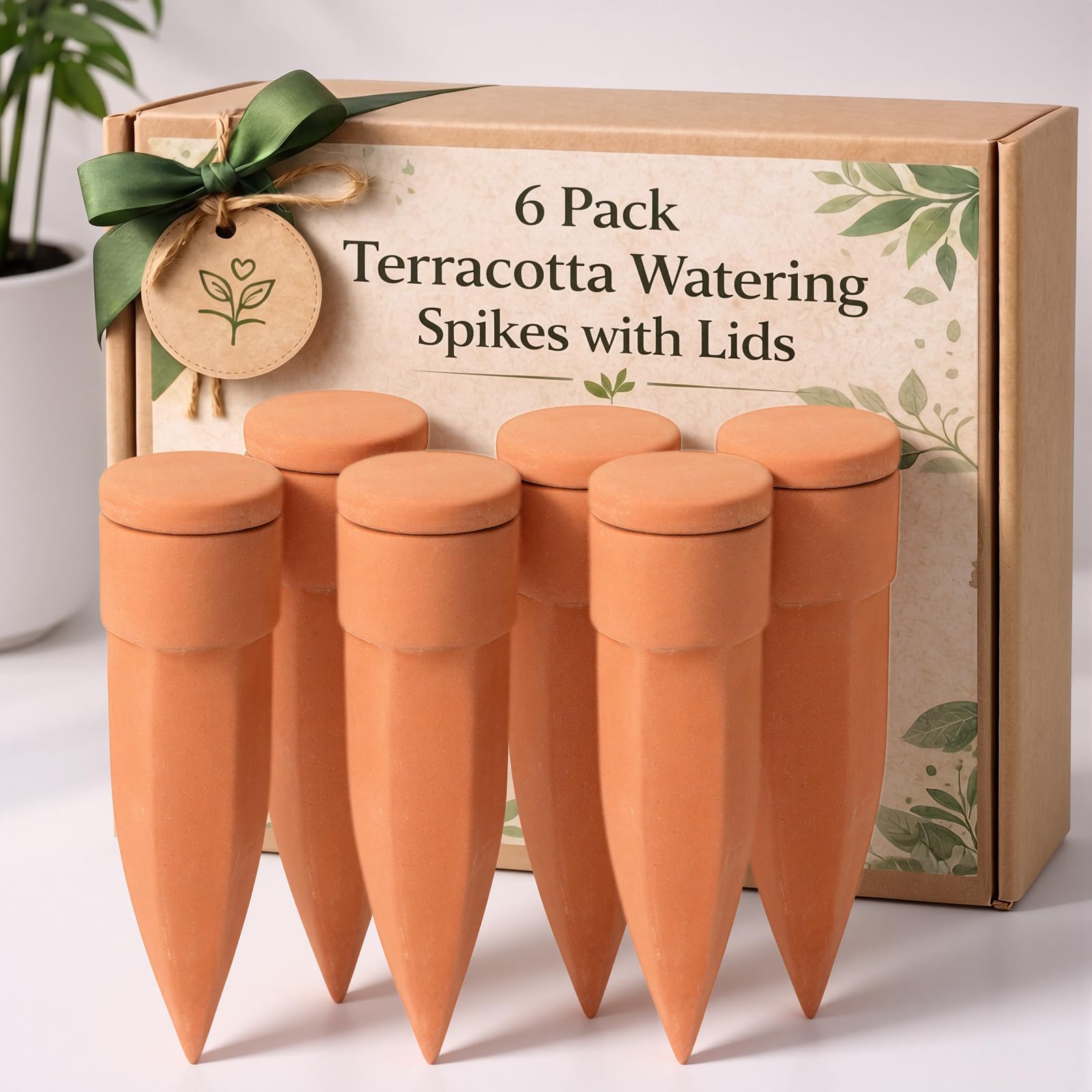 Honeydak front packaging showing six terracotta spikes and lids, convenient hydration
